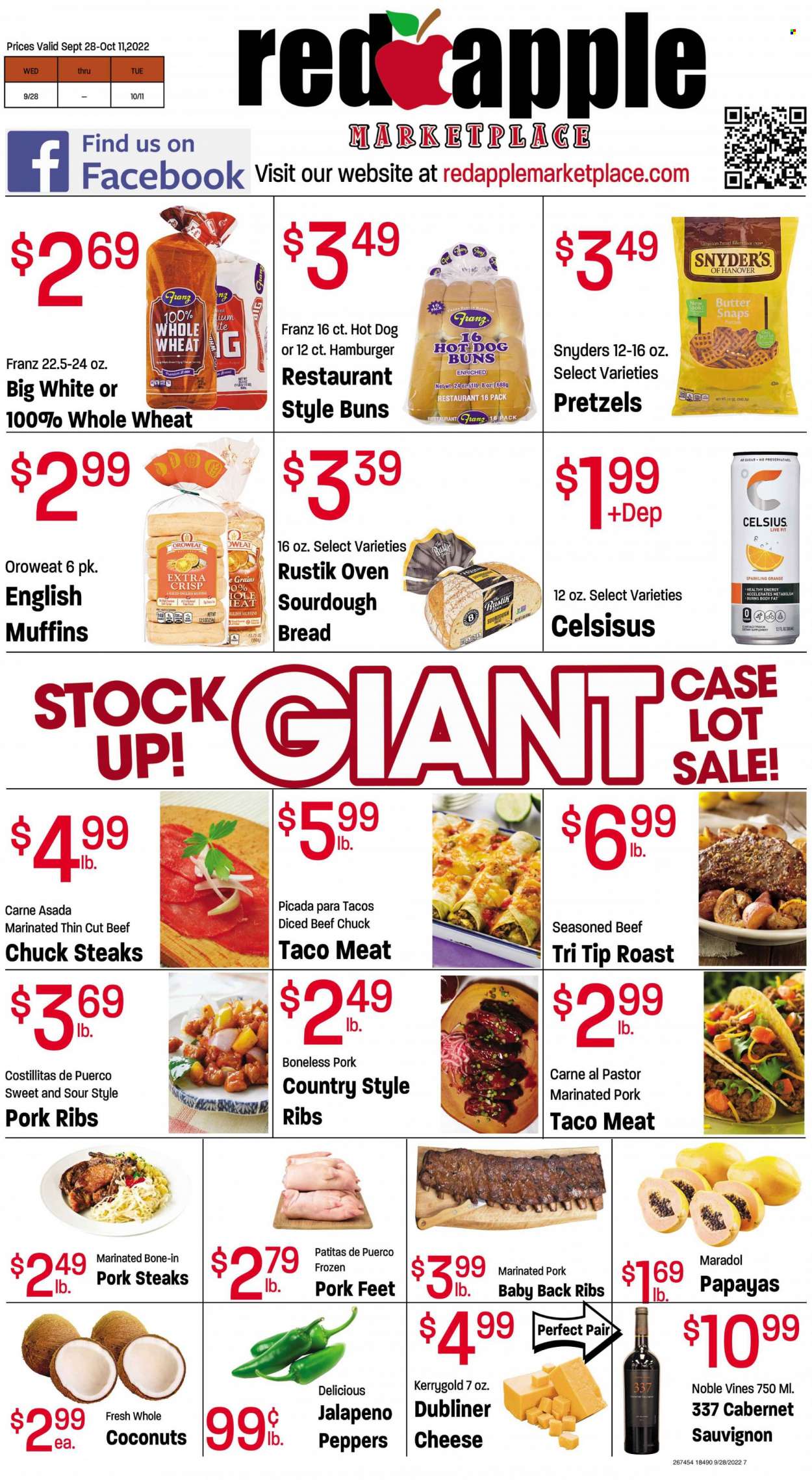 thumbnail - Red Apple Marketplace Flyer - 09/28/2022 - 10/11/2022 - Sales products - bread, english muffins, pretzels, buns, sourdough bread, jalapeño, oranges, coconut, hamburger, cheese, butter, Cabernet Sauvignon, red wine, wine, beef meat, steak, diced beef, pork chops, pork meat, pork ribs, pork back ribs, marinated pork, country style ribs. Page 8.