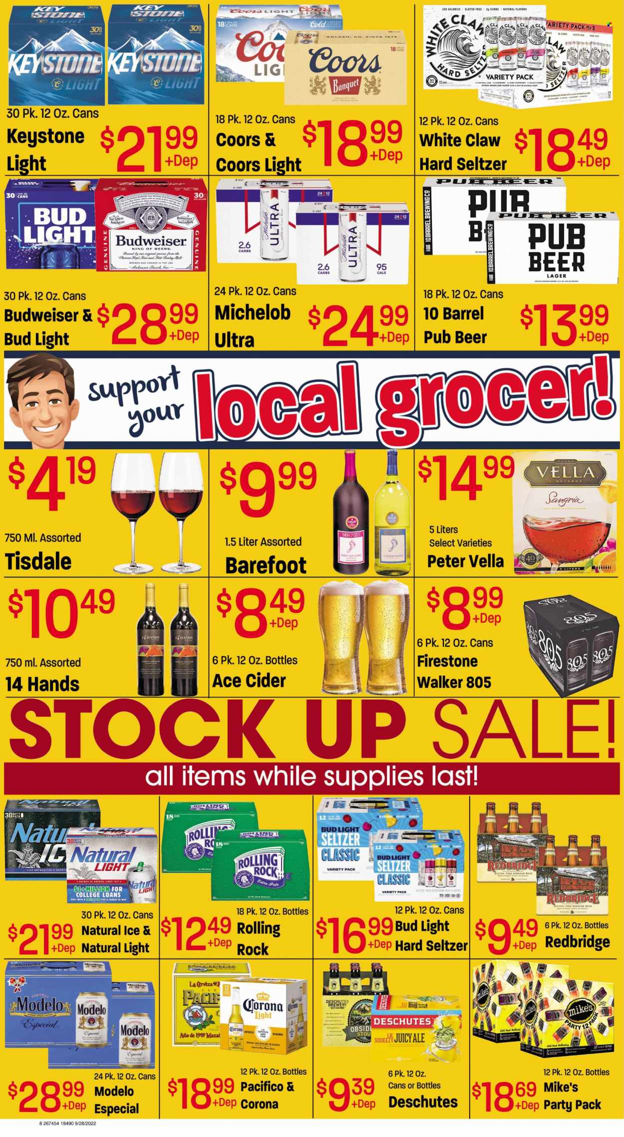 thumbnail - Red Apple Marketplace Flyer - 09/28/2022 - 10/11/2022 - Sales products - grapefruits, pineapple, cherries, brewer, malt, rice, sparkling water, white wine, Chardonnay, wine, White Claw, Hard Seltzer, cider, beer, Busch, Bud Light, Corona Extra, Lager, Keystone, Modelo, Firestone Walker, Budweiser, Coors, Michelob. Page 9.