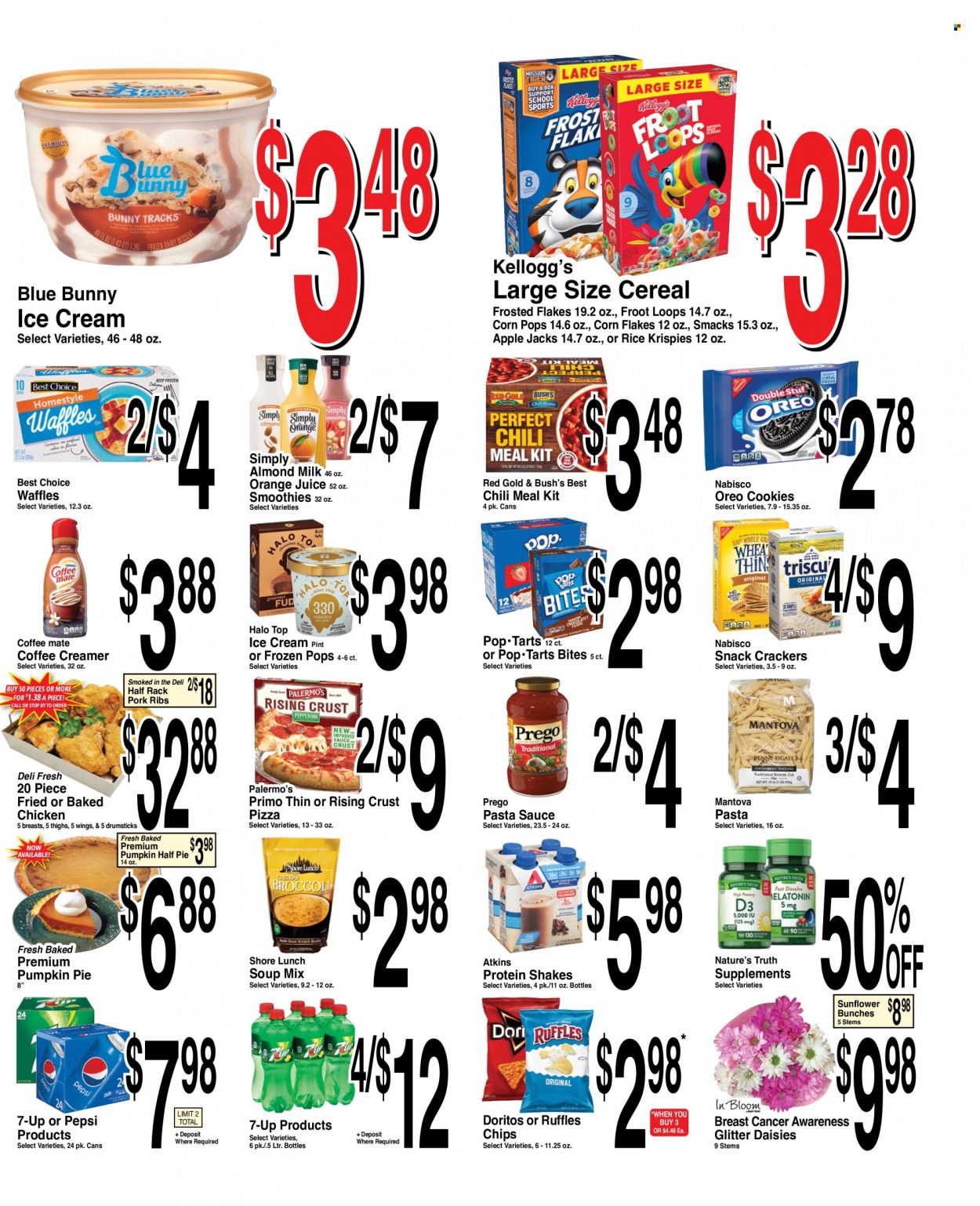 thumbnail - Super Saver Flyer - 09/28/2022 - 10/04/2022 - Sales products - pie, waffles, pumpkin, pizza, pasta sauce, soup mix, soup, sauce, Oreo, almond milk, Coffee-Mate, milk, protein drink, shake, creamer, ice cream, Blue Bunny, cookies, snack, crackers, Kellogg's, Doritos, Ruffles, cereals, corn flakes, Rice Krispies, Frosted Flakes, Corn Pops, Pepsi, orange juice, juice, 7UP, smoothie, pork meat, pork ribs, bunches, sunflower. Page 3.