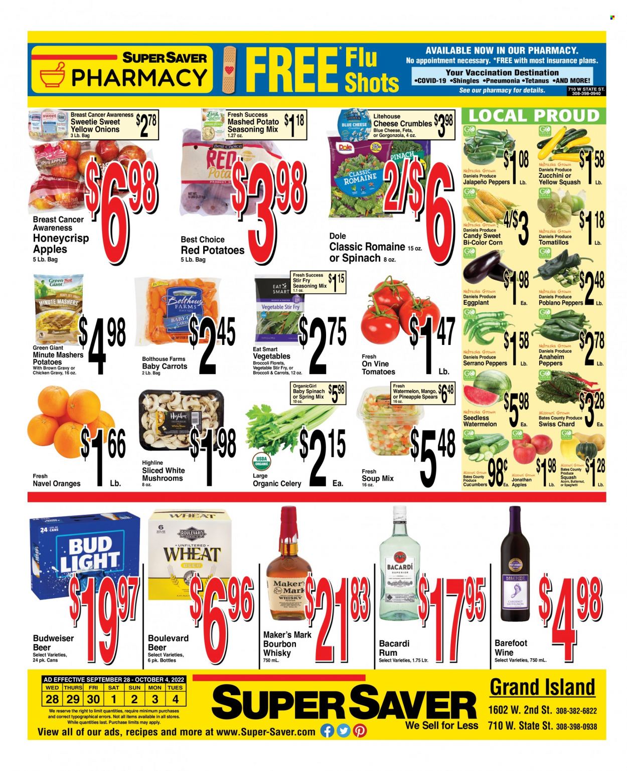 thumbnail - Super Saver Flyer - 09/28/2022 - 10/04/2022 - Sales products - mushrooms, broccoli, celery, corn, tomatillo, zucchini, potatoes, Dole, jalapeño, eggplant, red potatoes, yellow squash, apples, watermelon, oranges, soup mix, soup, blue cheese, cheese, gorgonzola, feta, cheese crumbles, spice, chicken gravy, Bacardi, bourbon, rum, whisky, beer, chard, Budweiser, butternut squash, navel oranges. Page 4.