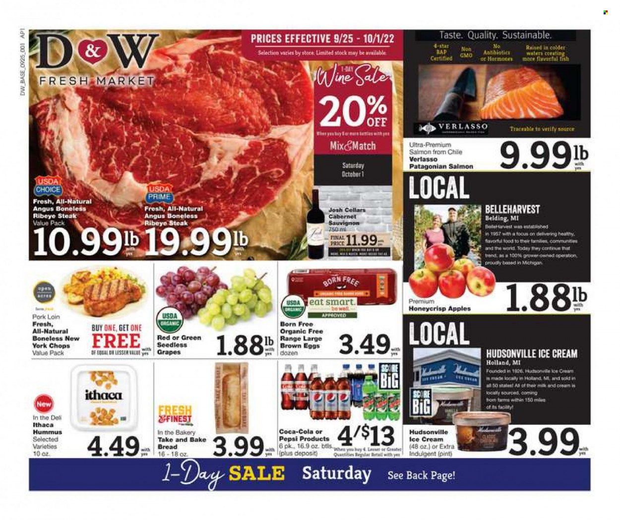 thumbnail - D&W Fresh Market Flyer - 09/25/2022 - 10/01/2022 - Sales products - bread, apples, grapes, seedless grapes, salmon, fish, hummus, milk, eggs, ice cream, Coca-Cola, Pepsi, Cabernet Sauvignon, red wine, beef meat, beef steak, steak, ribeye steak, pork loin, pork meat. Page 1.