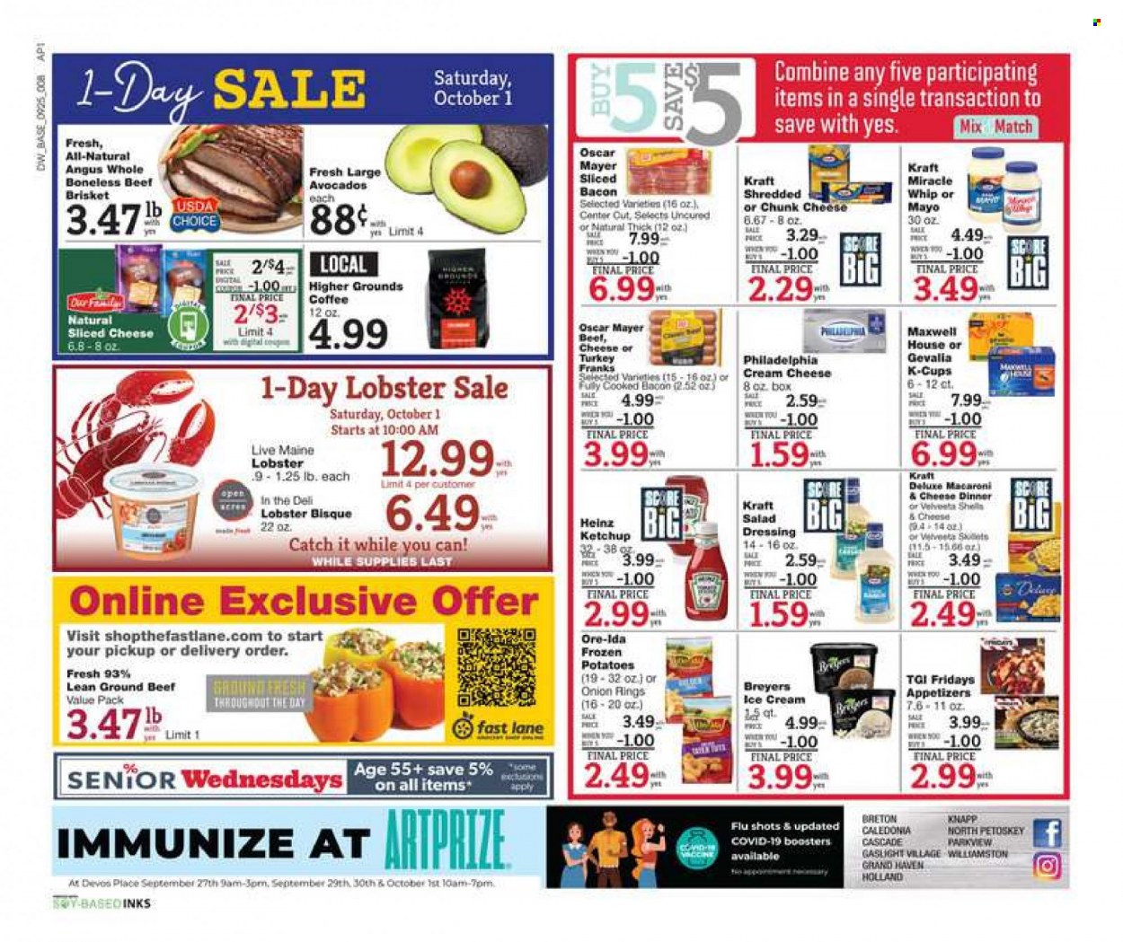 thumbnail - D&W Fresh Market Flyer - 09/25/2022 - 10/01/2022 - Sales products - potatoes, avocado, lobster, macaroni & cheese, onion rings, Kraft®, bacon, Oscar Mayer, cream cheese, sliced cheese, Philadelphia, chunk cheese, mayonnaise, Miracle Whip, ice cream, Ore-Ida, Heinz, salad dressing, ketchup, dressing, Maxwell House, coffee, coffee capsules, K-Cups, Gevalia, beef meat, ground beef, beef brisket, Cascade. Page 8.
