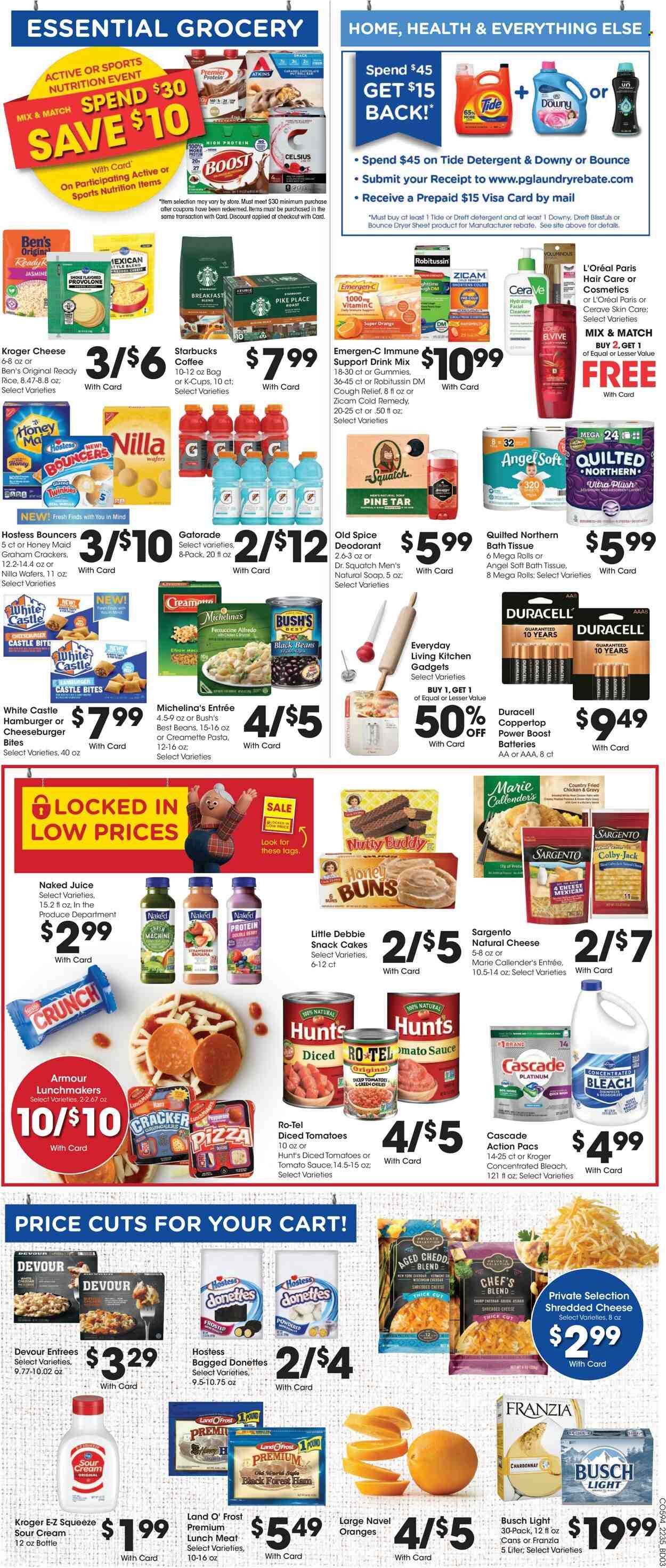 thumbnail - Kroger Flyer - 09/28/2022 - 10/04/2022 - Sales products - Bestå, cake, buns, oranges, pizza, hamburger, pasta, cheeseburger, fried chicken, Marie Callender's, ham, lunch meat, asiago, Colby cheese, gouda, shredded cheese, Provolone, Sargento, sour cream, Devour, graham crackers, Nestlé, wafers, snack, crackers, black beans, tomato sauce, diced tomatoes, Honey Maid, rice, Creamette, spice, juice, Gatorade, Boost, coffee, Starbucks, coffee capsules, K-Cups, breakfast blend, white wine, Chardonnay, beer, Busch, Castle, bath tissue, Quilted Northern, detergent, bleach, Cascade, Tide, Bounce, Old Spice, soap, CeraVe, cleanser, L’Oréal, anti-perspirant, deodorant, battery, Duracell, cart, Robitussin, vitamin c, Emergen-C, navel oranges. Page 6.