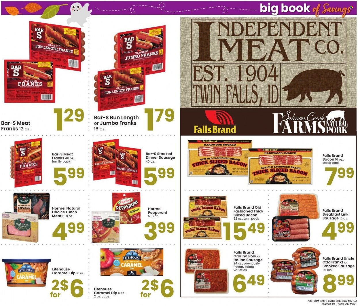 thumbnail - Albertsons Flyer - 09/27/2022 - 10/31/2022 - Sales products - salmon, Hormel, bacon, sausage, smoked sausage, pork sausage, pepperoni, italian sausage, lunch meat, cane sugar, ground pork, polish, cup. Page 3.