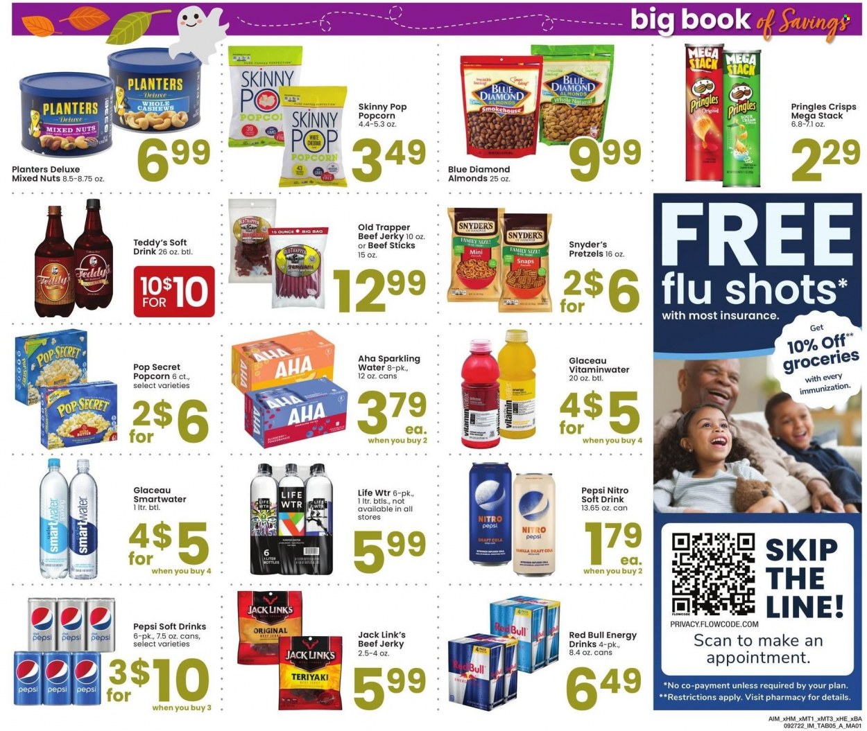 thumbnail - Albertsons Flyer - 09/27/2022 - 10/31/2022 - Sales products - pretzels, beef jerky, jerky, beef sticks, cheddar, cheese, butter, sour cream, Pringles, popcorn, Skinny Pop, Jack Link's, almonds, cashews, mixed nuts, Planters, Blue Diamond, Pepsi, energy drink, soft drink, Red Bull, sparkling water, Smartwater, bag, teddy. Page 5.