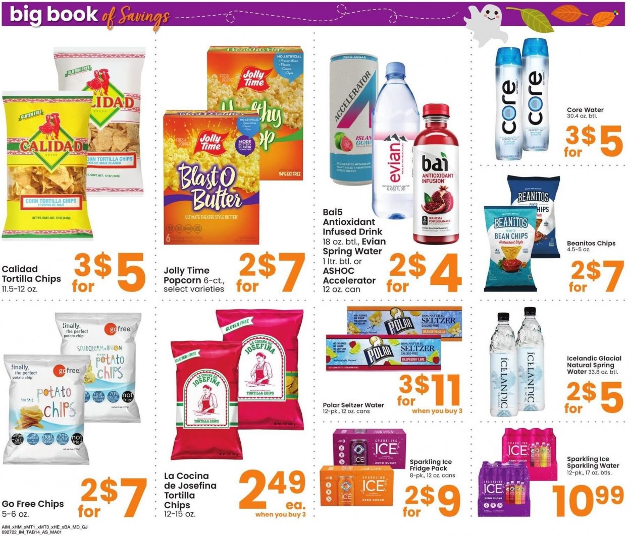 thumbnail - Albertsons Flyer - 09/27/2022 - 10/31/2022 - Sales products - onion, guava, butter, tortilla chips, potato chips, chips, popcorn, Bai, seltzer water, spring water, sparkling water, Evian, pomegranate. Page 14.