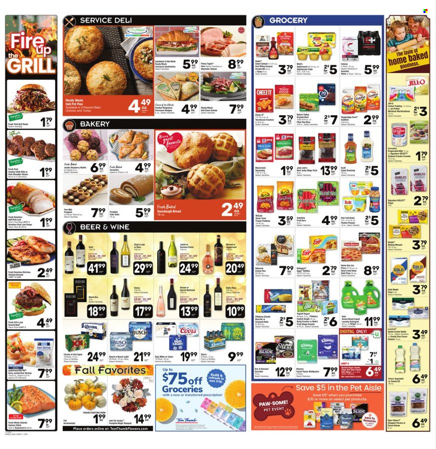 thumbnail - Tom Thumb Flyer - 09/28/2022 - 10/04/2022 - Sales products - bread, sourdough bread, pot pie, Jell-O, wine, beer, Busch, Kleenex, Coors. Page 2.