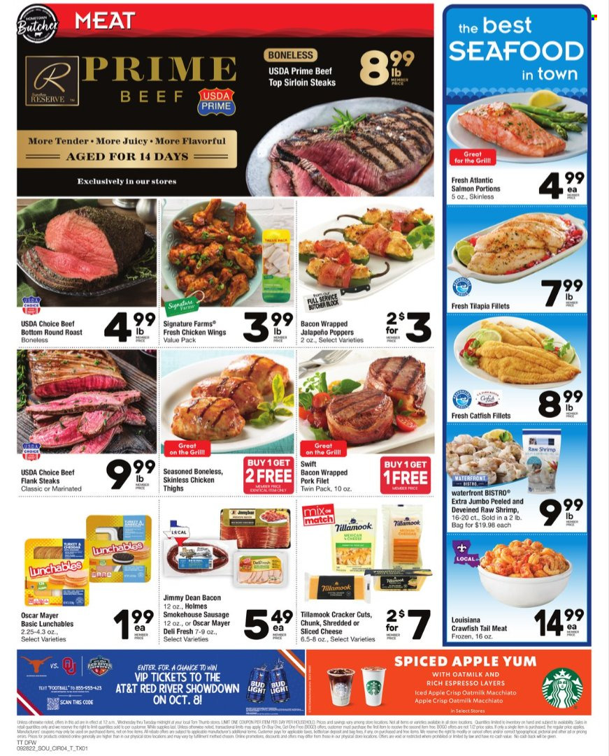thumbnail - Tom Thumb Flyer - 09/28/2022 - 10/04/2022 - Sales products - jalapeño, catfish, salmon, tilapia, seafood, shrimps, Lunchables, Jimmy Dean, bacon, Oscar Mayer, sausage, sliced cheese, cheese, oat milk, crawfish, chicken wings, crackers, chicken thighs, beef meat, steak, round roast, sirloin steak, toner. Page 4.