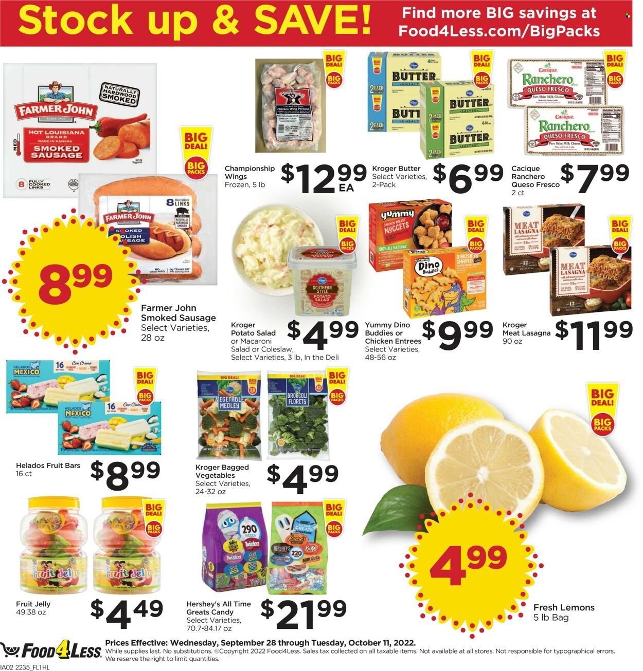 thumbnail - Food 4 Less Flyer - 09/28/2022 - 10/04/2022 - Sales products - broccoli, coleslaw, nuggets, chicken nuggets, lasagna meal, Yummy Dino Buddies, sausage, smoked sausage, potato salad, macaroni salad, queso fresco, butter, Hershey's, jelly, lemons. Page 2.