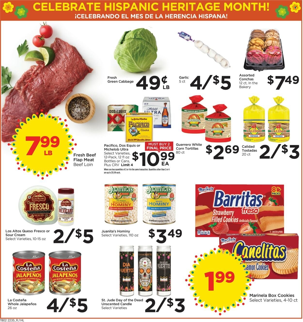 thumbnail - Food 4 Less Flyer - 09/28/2022 - 10/04/2022 - Sales products - corn tortillas, tortillas, tostadas, cabbage, garlic, jalapeño, queso fresco, sour cream, cookies, beer, candle, Dos Equis, Michelob. Page 3.
