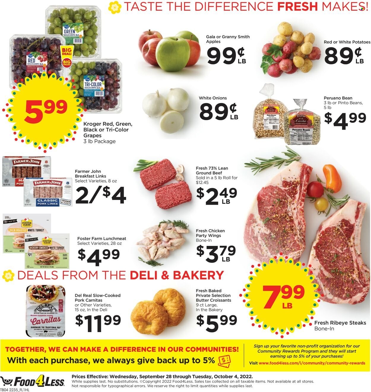 thumbnail - Food 4 Less Flyer - 09/28/2022 - 10/04/2022 - Sales products - potatoes, onion, apples, Gala, grapes, seedless grapes, Granny Smith, lunch meat, pinto beans, beef meat, ground beef, steak, ribeye steak. Page 5.