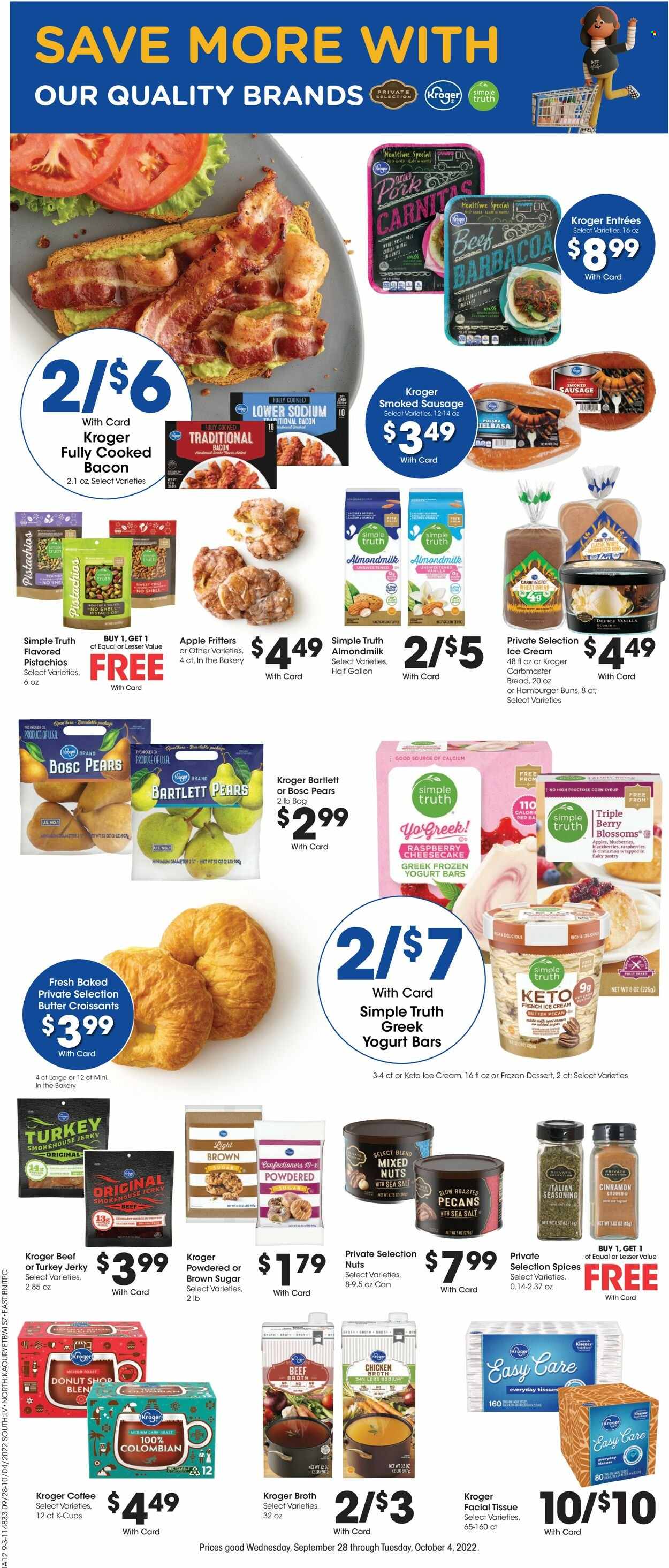 thumbnail - Fred Meyer Flyer - 09/28/2022 - 10/04/2022 - Sales products - wheat bread, croissant, buns, burger buns, corn, apples, Bartlett pears, blackberries, blueberries, pears, bacon, jerky, sausage, smoked sausage, greek yoghurt, almond milk, ice cream, Enlightened lce Cream, beef broth, chicken broth, icing sugar, broth, spice, cinnamon, corn syrup, syrup, pecans, pistachios, mixed nuts, coffee, coffee capsules, K-Cups, Kleenex, tissues, Shell. Page 8.