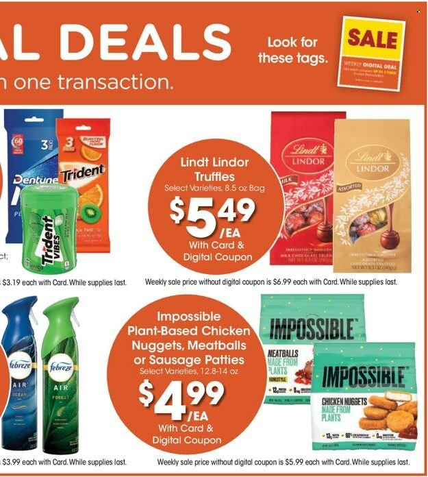 thumbnail - Fred Meyer Flyer - 09/28/2022 - 10/04/2022 - Sales products - meatballs, nuggets, chicken nuggets, sausage, Lindt, Lindor, truffles, Trident, Febreze. Page 11.