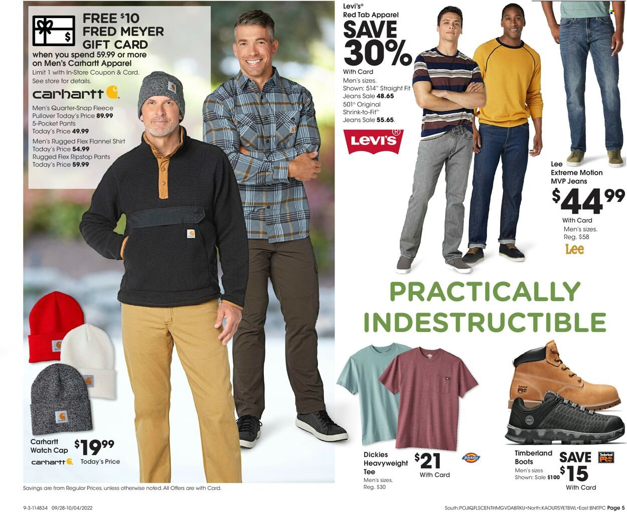 thumbnail - Fred Meyer Flyer - 09/28/2022 - 10/04/2022 - Sales products - boots, Timberland, pants, Lee, Levi's, jeans, flannel shirt, shirt, t-shirt, pullover, cap, watch, Dickies. Page 5.