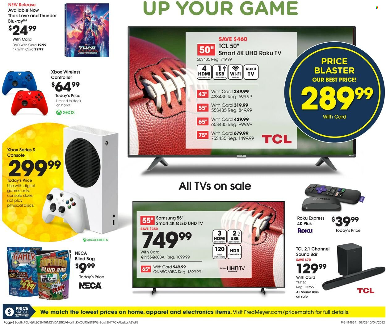 thumbnail - Fred Meyer Flyer - 09/28/2022 - 10/04/2022 - Sales products - wireless controller, bag, DVD, Samsung, TCL, Xbox, roku tv, UHD TV, TV, sound bar. Page 8.