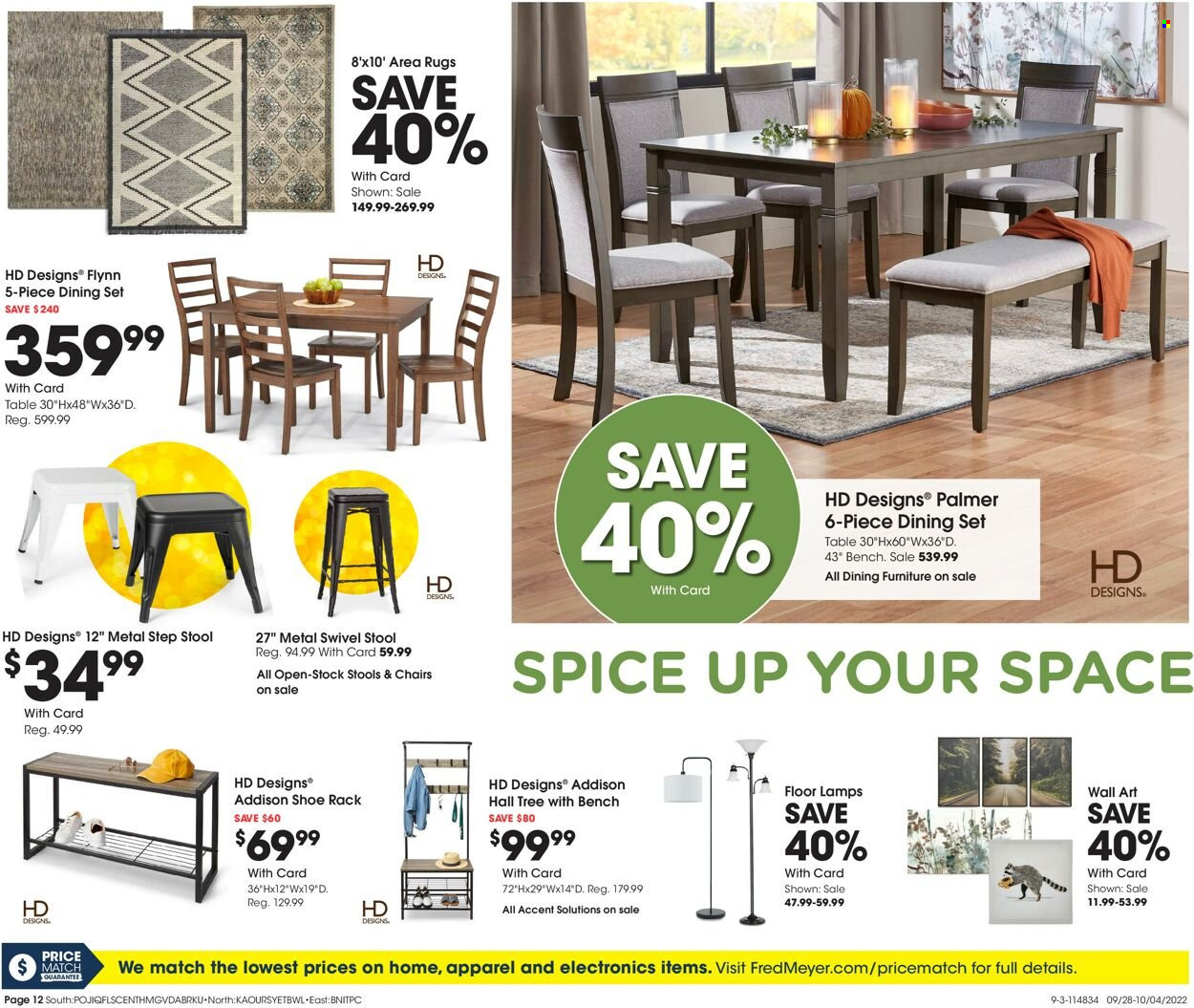 thumbnail - Fred Meyer Flyer - 09/28/2022 - 10/04/2022 - Sales products - spice, dining set, table, stool, chair, bench, rug, area rug. Page 12.