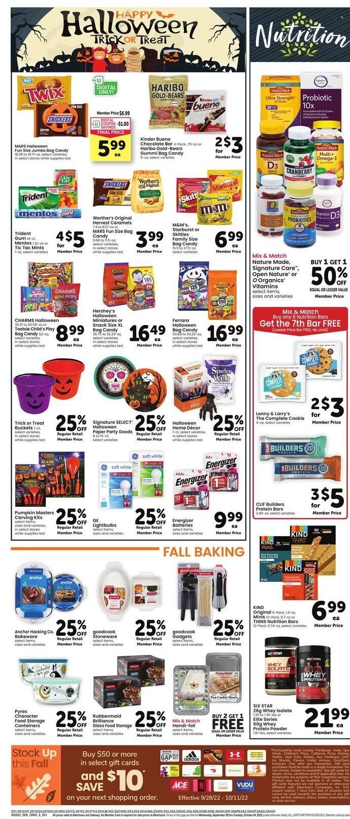 thumbnail - Safeway Flyer - 09/28/2022 - 10/04/2022 - Sales products - tart, Ace, pumpkin, pizza, Anchor, Reese's, Hershey's, Mentos, Haribo, Snickers, Twix, Mars, M&M's, Kinder Bueno, Digestive, 7 Days, Skittles, Tic Tac, Trident, Starburst, chocolate bar, chips, Thins, nutrition bar, protein bar, Adidas, bakeware, stoneware, Pyrex, storage box, paper, battery, Energizer, Halloween, Nature Made, probiotics, Omega-3, whey protein, vitamin D3. Page 4.