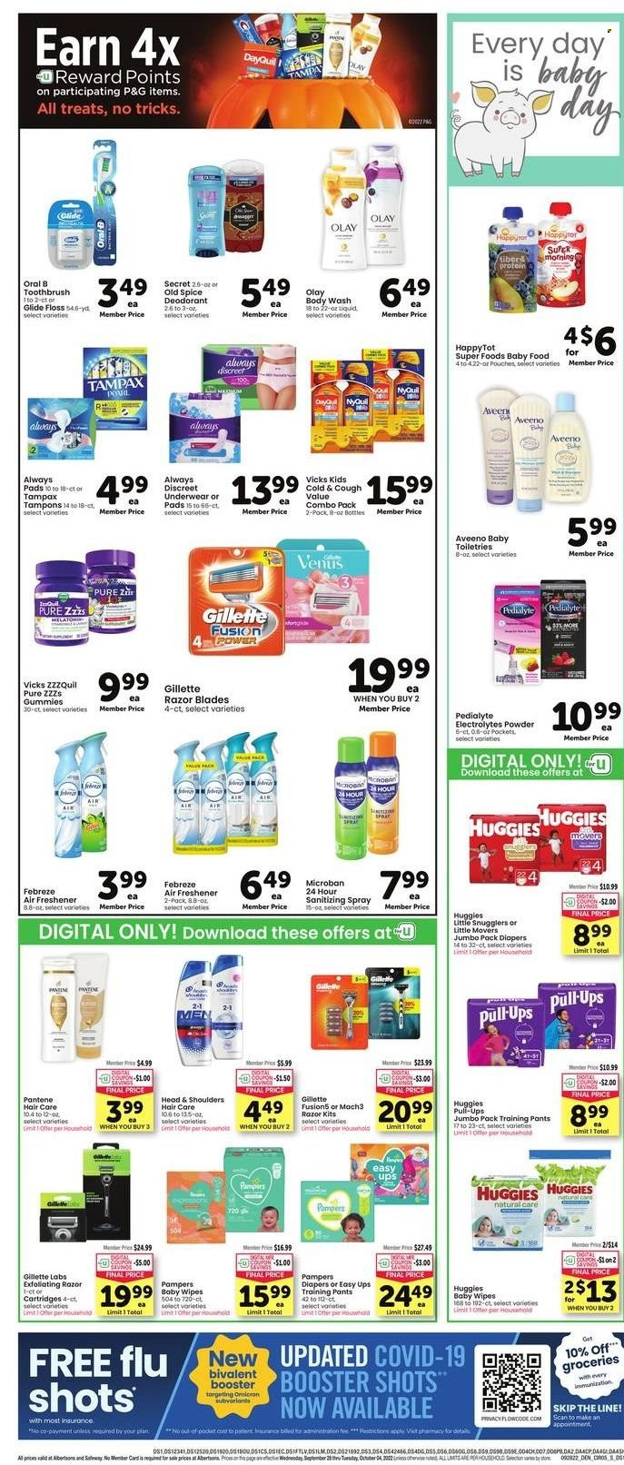 thumbnail - Safeway Flyer - 09/28/2022 - 10/04/2022 - Sales products - cod, spice, wipes, Febreze, Daz Powder, body wash, Old Spice, toothbrush, Oral-B, Tampax, Always pads, Always Discreet, Always Underwear, tampons, Aveeno, Olay, Head & Shoulders, Pantene, Gillette, razor, Venus, air freshener, Pamper, DayQuil, ZzzQuil, NyQuil, Vicks, Huggies. Page 5.