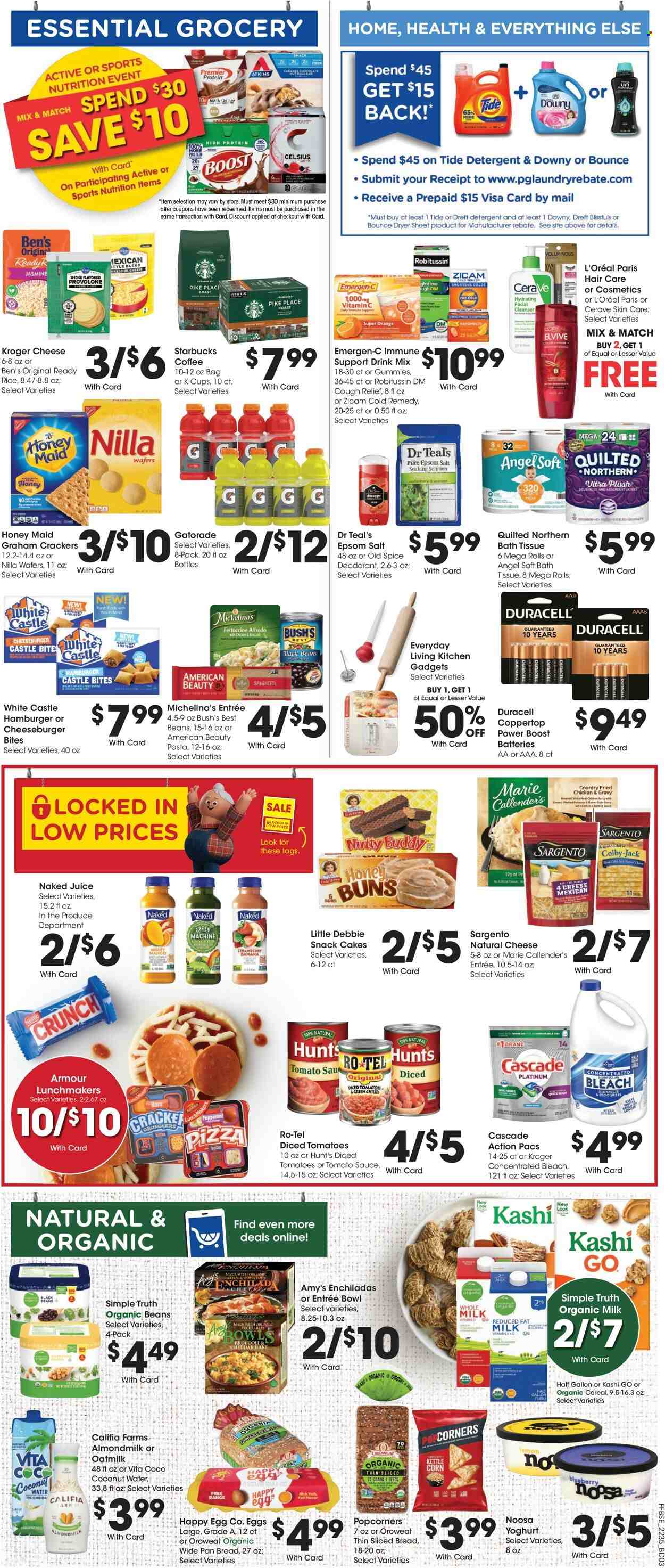 thumbnail - Fry’s Flyer - 09/28/2022 - 10/04/2022 - Sales products - cake, buns, oranges, enchiladas, spaghetti, hamburger, pasta, cheeseburger, fried chicken, Marie Callender's, Colby cheese, cheddar, cheese, Provolone, Sargento, yoghurt, almond milk, organic milk, oat milk, eggs, graham crackers, Nestlé, wafers, snack, crackers, kettle corn, popcorn, black beans, tomato sauce, diced tomatoes, cereals, Honey Maid, rice, spice, juice, coconut water, Gatorade, Boost, coffee, Starbucks, coffee capsules, K-Cups, Keurig, Castle, bath tissue, Quilted Northern, detergent, bleach, Cascade, Tide, Bounce, Old Spice, CeraVe, cleanser, L’Oréal, anti-perspirant, deodorant, pan, bowl, battery, Duracell, Robitussin, vitamin c, Emergen-C. Page 6.