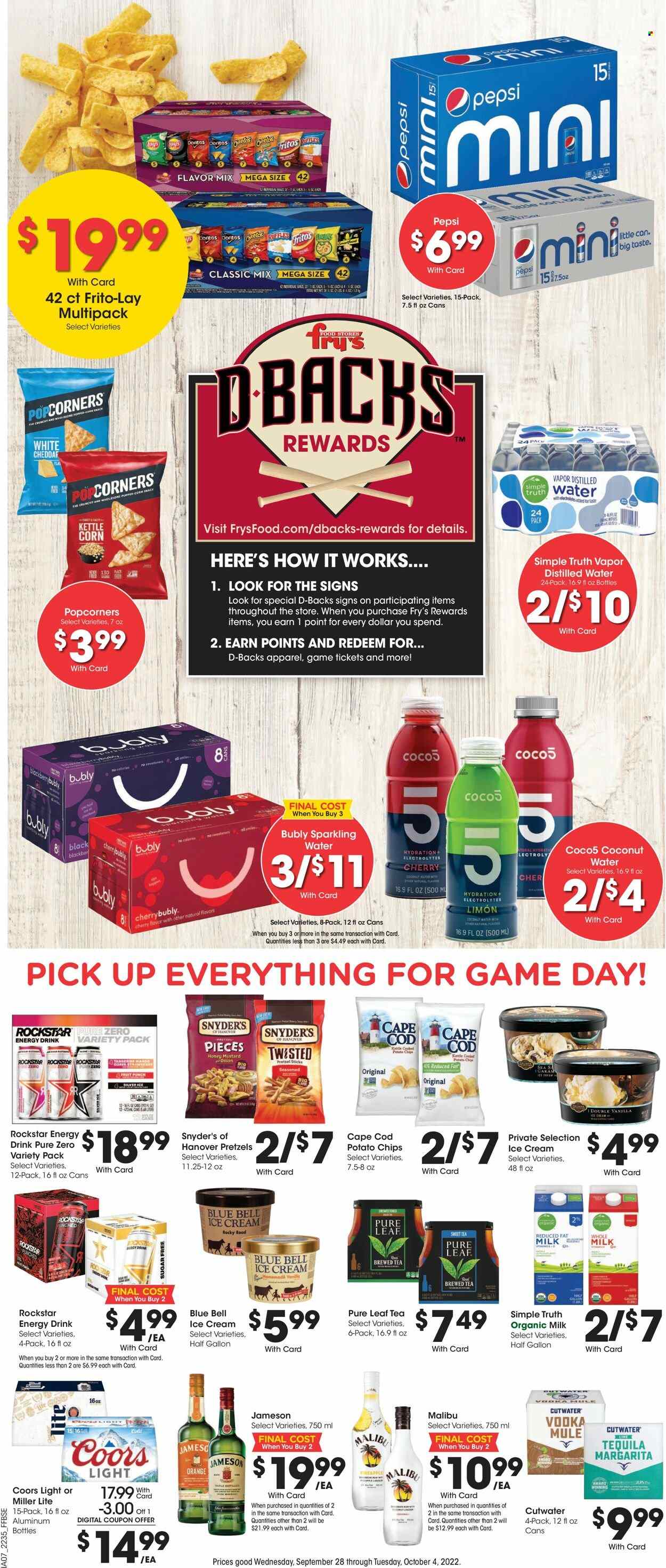 thumbnail - Fry’s Flyer - 09/28/2022 - 10/04/2022 - Sales products - pretzels, onion, guava, pineapple, cherries, oranges, cod, organic milk, ice cream, Blue Bell, snack, Doritos, Fritos, kettle corn, potato chips, Cheetos, chips, Lay’s, popcorn, Frito-Lay, mustard, honey mustard, Pepsi, energy drink, coconut water, Rockstar, sparkling water, tea, Pure Leaf, tequila, vodka, Jameson, punch, Malibu, beer, Miller Lite, Coors. Page 11.