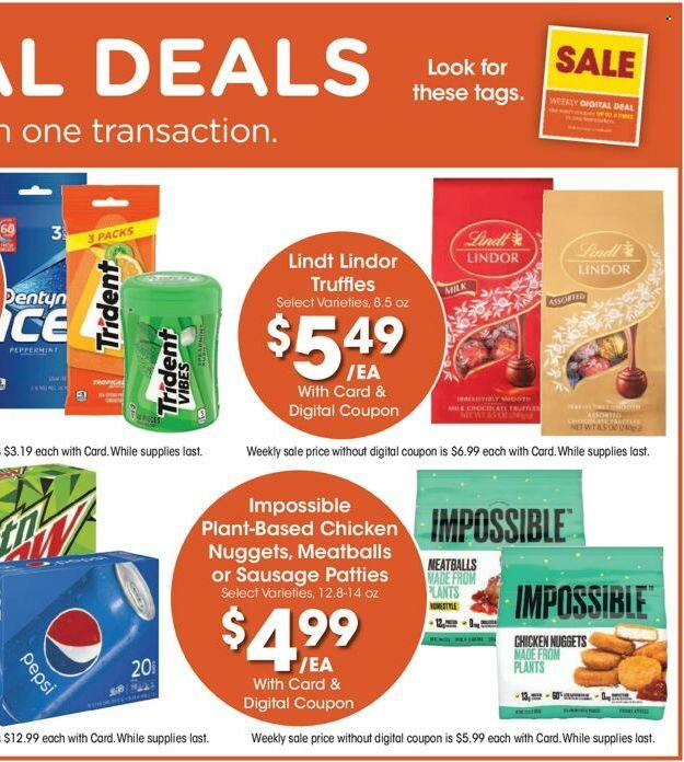 thumbnail - King Soopers Flyer - 09/28/2022 - 10/04/2022 - Sales products - meatballs, nuggets, chicken nuggets, sausage, milk, Lindt, Lindor, truffles, Trident, Pepsi. Page 12.