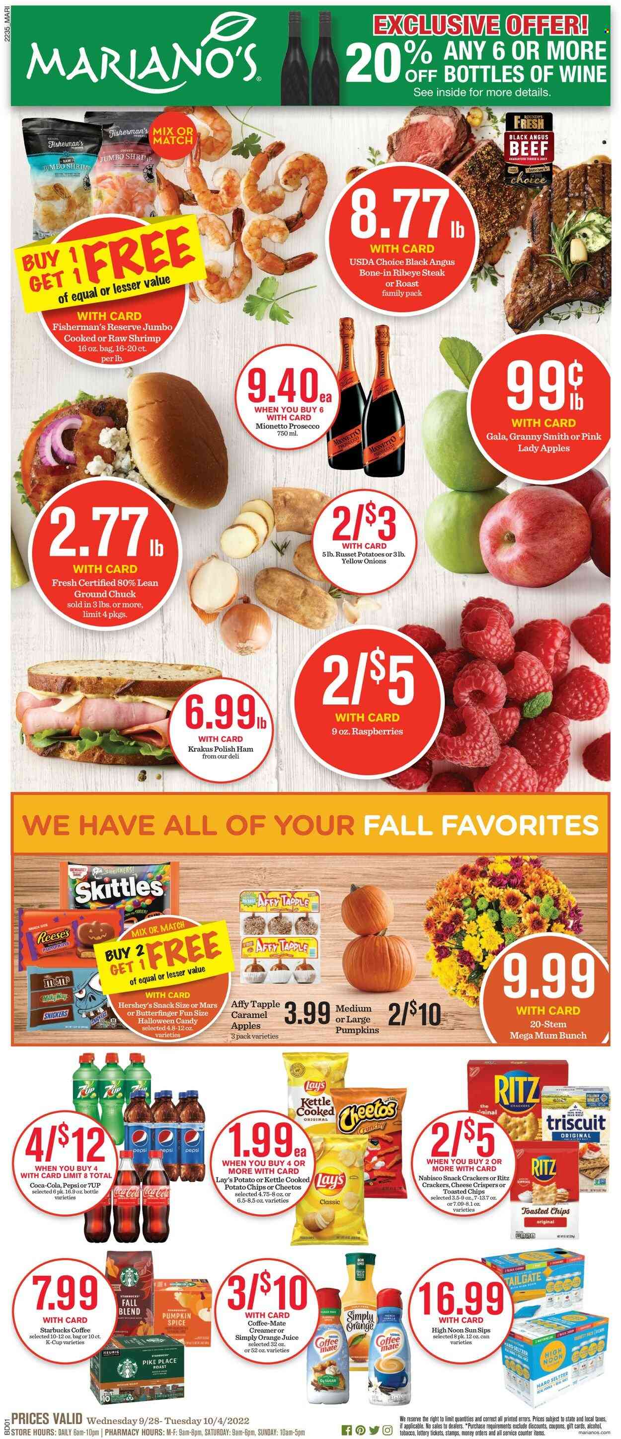 thumbnail - Mariano’s Flyer - 09/28/2022 - 10/04/2022 - Sales products - russet potatoes, onion, apples, Gala, Granny Smith, Pink Lady, shrimps, ham, Coffee-Mate, creamer, Reese's, Hershey's, snack, Milky Way, Snickers, Mars, crackers, Skittles, RITZ, potato chips, Cheetos, chips, Lay’s, sugar, spice, caramel, Coca-Cola, Pepsi, orange juice, juice, 7UP, Starbucks, coffee capsules, K-Cups, Keurig, prosecco, wine, Hard Seltzer, beef meat, beef steak, ground chuck, steak, bone-in ribeye, ribeye steak, Halloween. Page 1.
