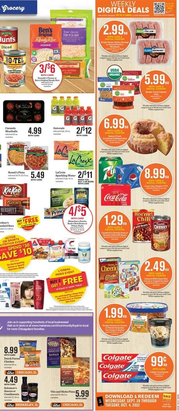 thumbnail - Mariano’s Flyer - 09/28/2022 - 10/04/2022 - Sales products - cake, pie, Campbell's, pizza, meatballs, soup, pasta, noodles, Hormel, bratwurst, sausage, italian sausage, cheddar, Yoplait, ice cream, Reese's, Hershey's, KitKat, diced tomatoes, cereals, rice, cinnamon, honey, Coca-Cola, Pepsi, 7UP, Gatorade, sparkling water, ground pork. Page 4.