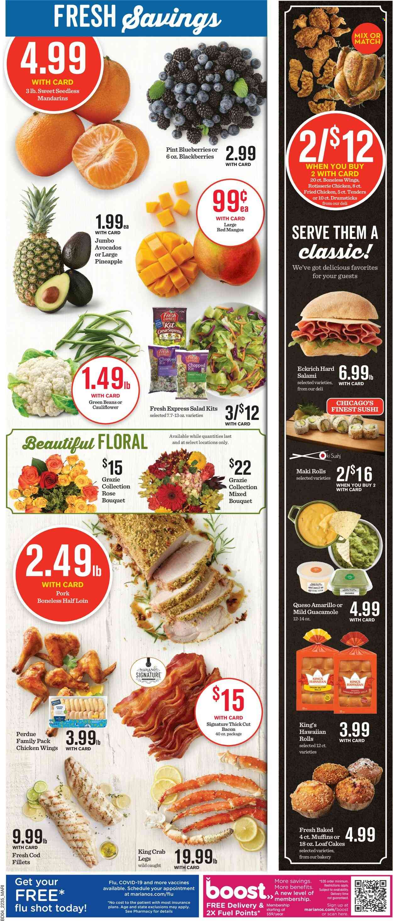thumbnail - Mariano’s Flyer - 09/28/2022 - 10/04/2022 - Sales products - cake, hawaiian rolls, muffin, sweet rolls, beans, cauliflower, green beans, kale, salad, blackberries, mandarines, mango, pineapple, cod, king crab, crab legs, crab, chicken roast, fried chicken, Perdue®, bacon, salami, guacamole, chicken wings, Boost, wine, rosé wine, bouquet, rose. Page 5.
