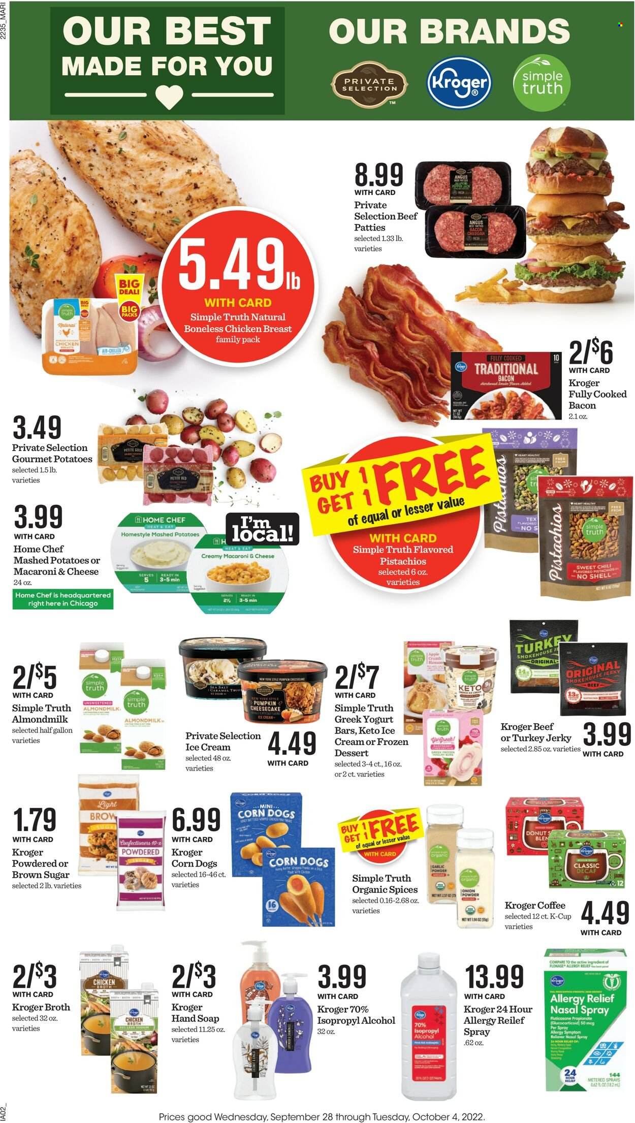 thumbnail - Mariano’s Flyer - 09/28/2022 - 10/04/2022 - Sales products - donut, macaroni & cheese, mashed potatoes, bacon, jerky, greek yoghurt, almond milk, Blossom, ice cream, Enlightened lce Cream, cane sugar, chicken broth, icing sugar, broth, garlic powder, pistachios, coffee, coffee capsules, K-Cups, chicken breasts, nasal spray, allergy relief. Page 7.
