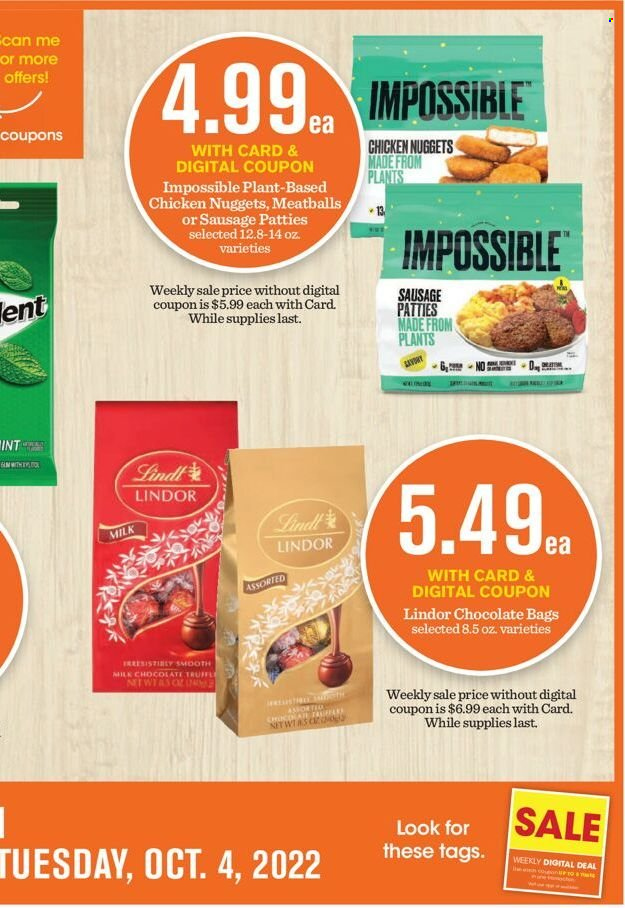 thumbnail - Mariano’s Flyer - 09/28/2022 - 10/04/2022 - Sales products - meatballs, nuggets, chicken nuggets, sausage, milk chocolate, chocolate, Lindor, truffles. Page 10.
