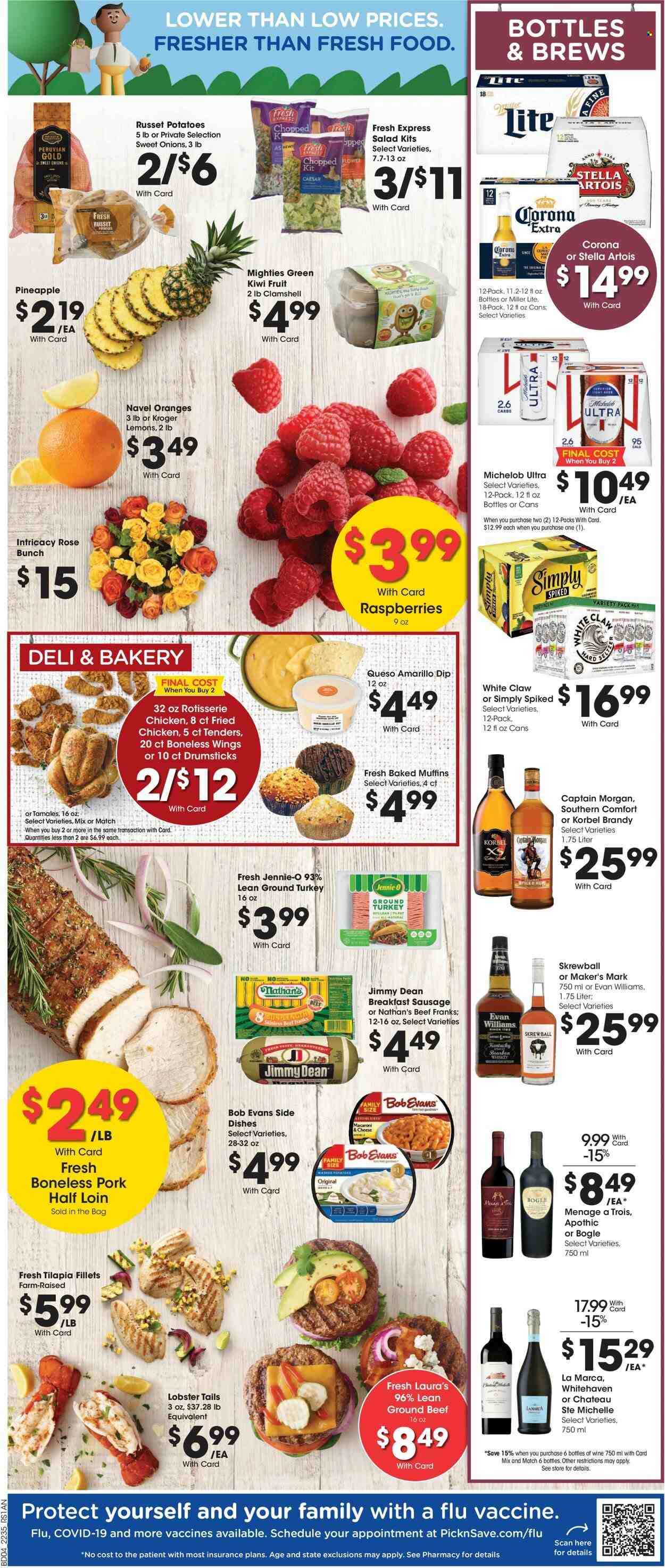 thumbnail - Pick ‘n Save Flyer - 09/28/2022 - 10/04/2022 - Sales products - muffin, russet potatoes, potatoes, salad, kiwi, pineapple, oranges, lobster, tilapia, lobster tail, macaroni & cheese, chicken roast, Bob Evans, Jimmy Dean, sausage, Silk, dip, wine, rosé wine, bourbon, brandy, Captain Morgan, rum, White Claw, beer, Corona Extra, ground turkey, beef meat, ground beef, Miller Lite, Stella Artois, Michelob, lemons, navel oranges. Page 5.