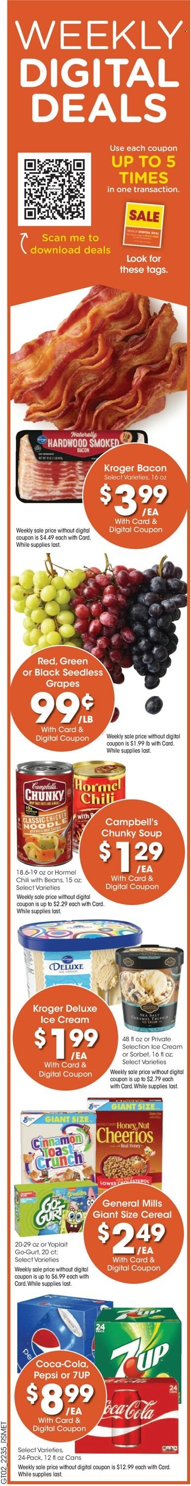 thumbnail - Pick ‘n Save Flyer - 09/28/2022 - 10/04/2022 - Sales products - grapes, seedless grapes, Campbell's, soup, noodles, Hormel, bacon, Yoplait, ice cream, truffles, cereals, Cheerios, cinnamon, Coca-Cola, Pepsi, 7UP. Page 12.