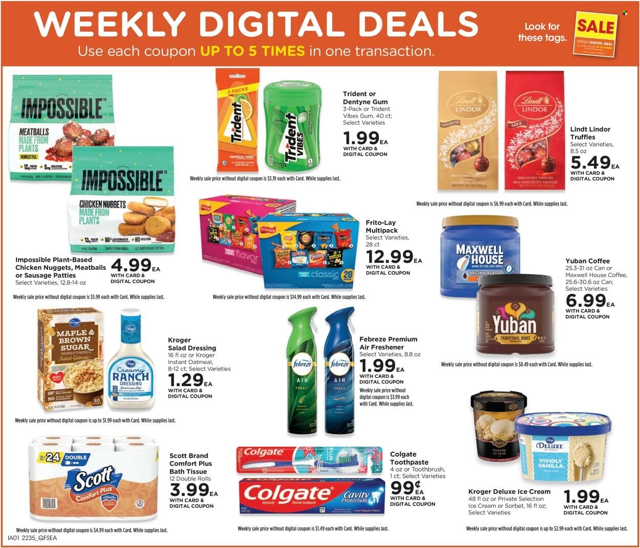 thumbnail - QFC Flyer - 09/28/2022 - 10/04/2022 - Sales products - meatballs, nuggets, chicken nuggets, sausage, milk, ranch dressing, dip, ice cream, Lindt, Lindor, truffles, Trident, Fritos, Frito-Lay, oatmeal, salad dressing, dressing, Maxwell House, coffee, bath tissue, Scott, Febreze, Colgate, toothbrush, toothpaste, air freshener, pipe. Page 3.