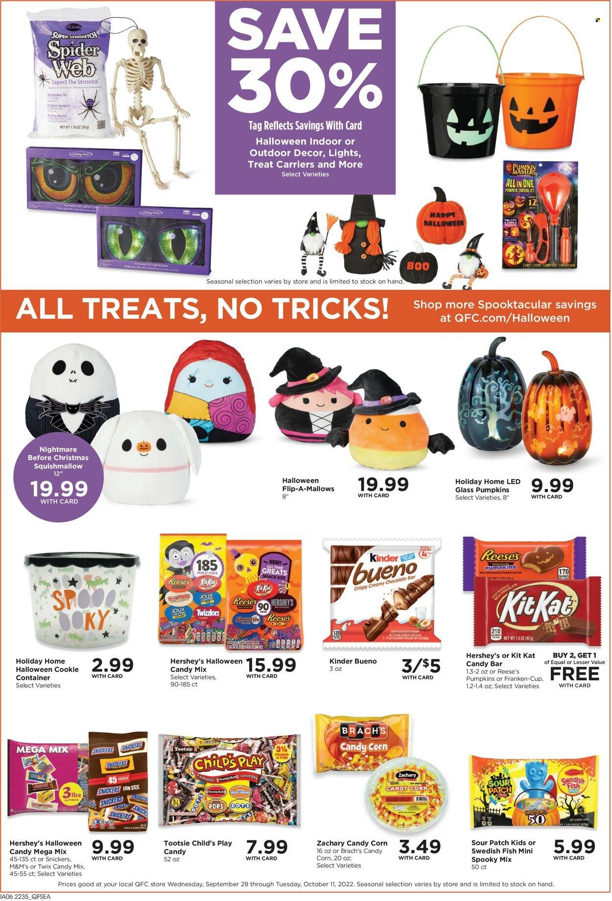 thumbnail - QFC Flyer - 09/28/2022 - 10/04/2022 - Sales products - corn, pumpkin, Reese's, Hershey's, marshmallows, milk chocolate, Snickers, Twix, KitKat, M&M's, Kinder Bueno, Sour Patch, chocolate bar, Joy, cup, container, Squishmallows, Halloween. Page 8.