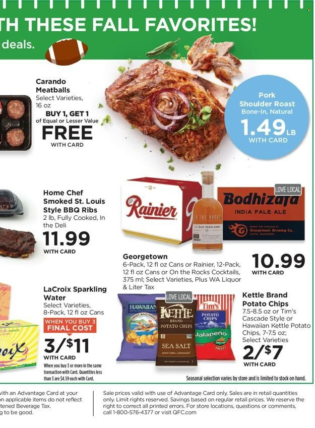 thumbnail - QFC Flyer - 09/28/2022 - 10/04/2022 - Sales products - jalapeño, meatballs, potato chips, chips, sparkling water, pork meat, pork roast, pork shoulder, Cascade. Page 10.