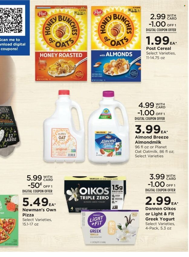 thumbnail - QFC Flyer - 09/28/2022 - 10/04/2022 - Sales products - pizza, greek yoghurt, yoghurt, Oikos, Dannon, almond milk, Almond Breeze, oat milk, cereals, honey, coat. Page 12.