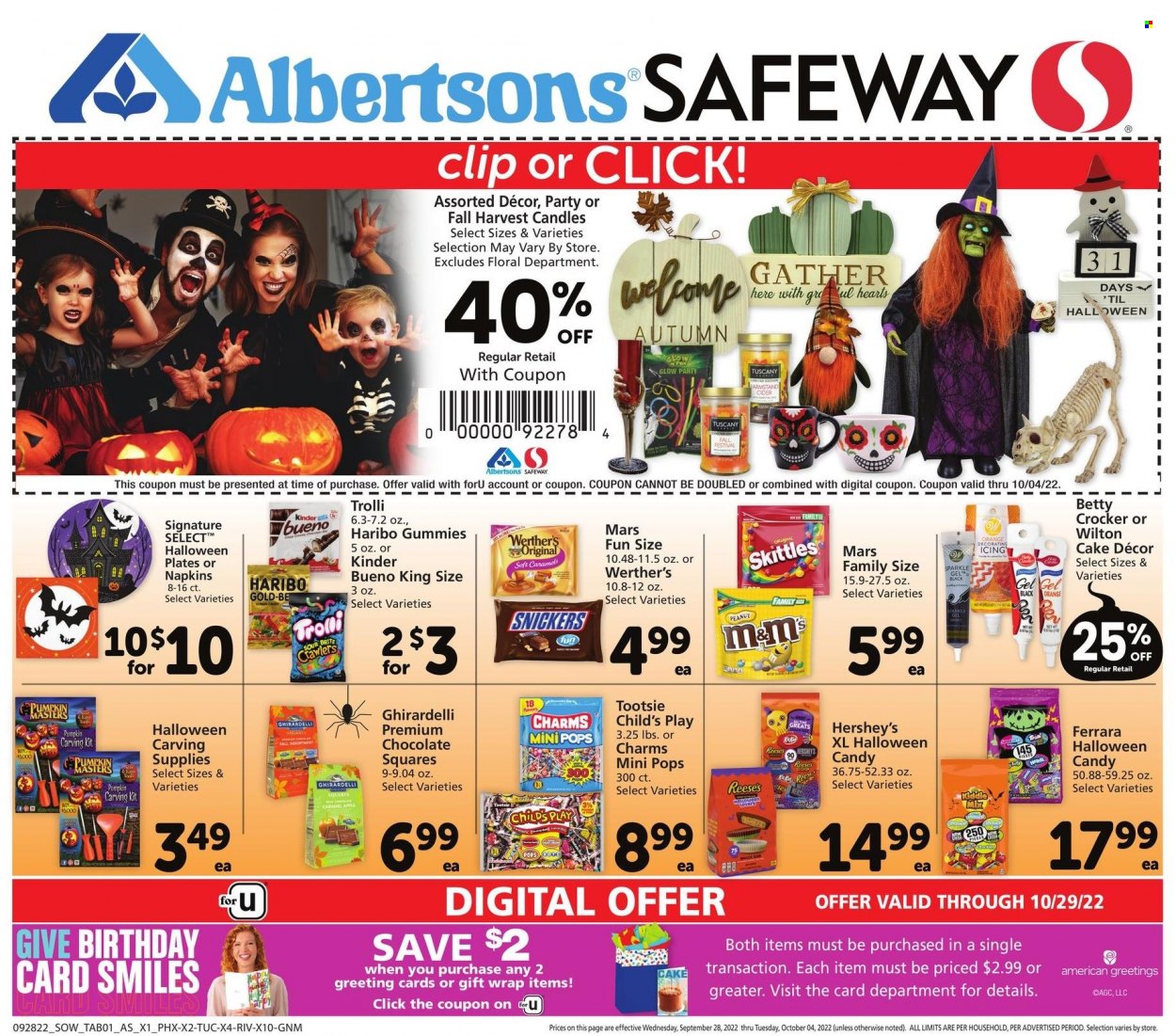 thumbnail - Safeway Flyer - 09/28/2022 - 10/04/2022 - Sales products - cake, pumpkin, oranges, Reese's, Hershey's, chocolate, Trolli, Haribo, Snickers, Mars, M&M's, Kinder Bueno, Skittles, Ghirardelli, cider, napkins, Brite, plate, gift wrap, candle, Halloween. Page 5.