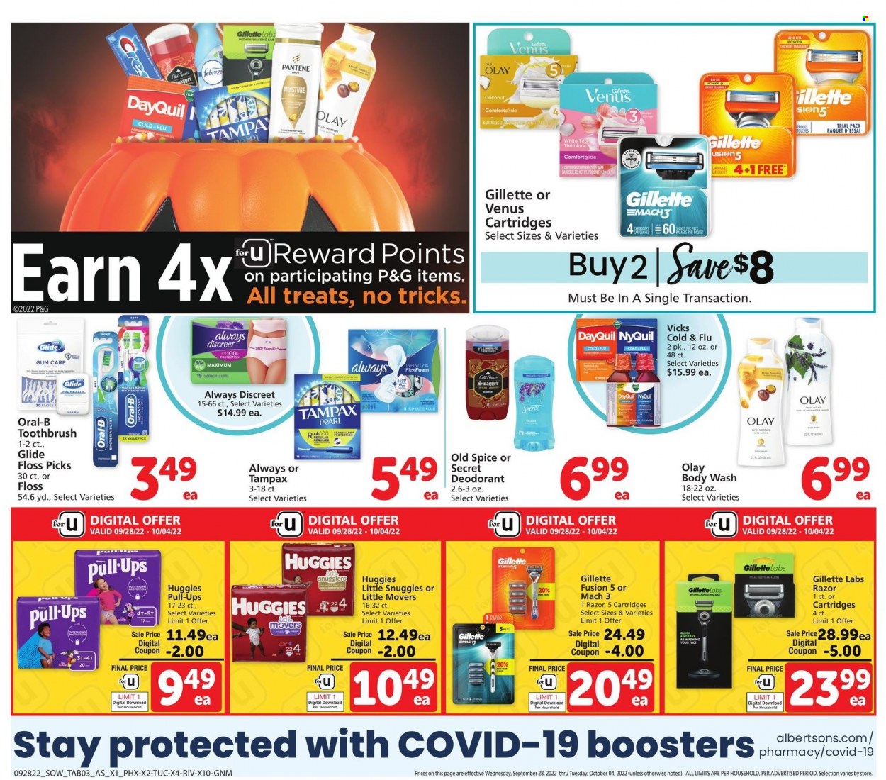 thumbnail - Safeway Flyer - 09/28/2022 - 10/04/2022 - Sales products - coconut, spice, tea, Febreze, body wash, Old Spice, toothbrush, Oral-B, Tampax, Always Discreet, Olay, Infinity, Pantene, Gillette, razor, Venus, DayQuil, Cold & Flu, NyQuil, Vicks, Huggies. Page 7.