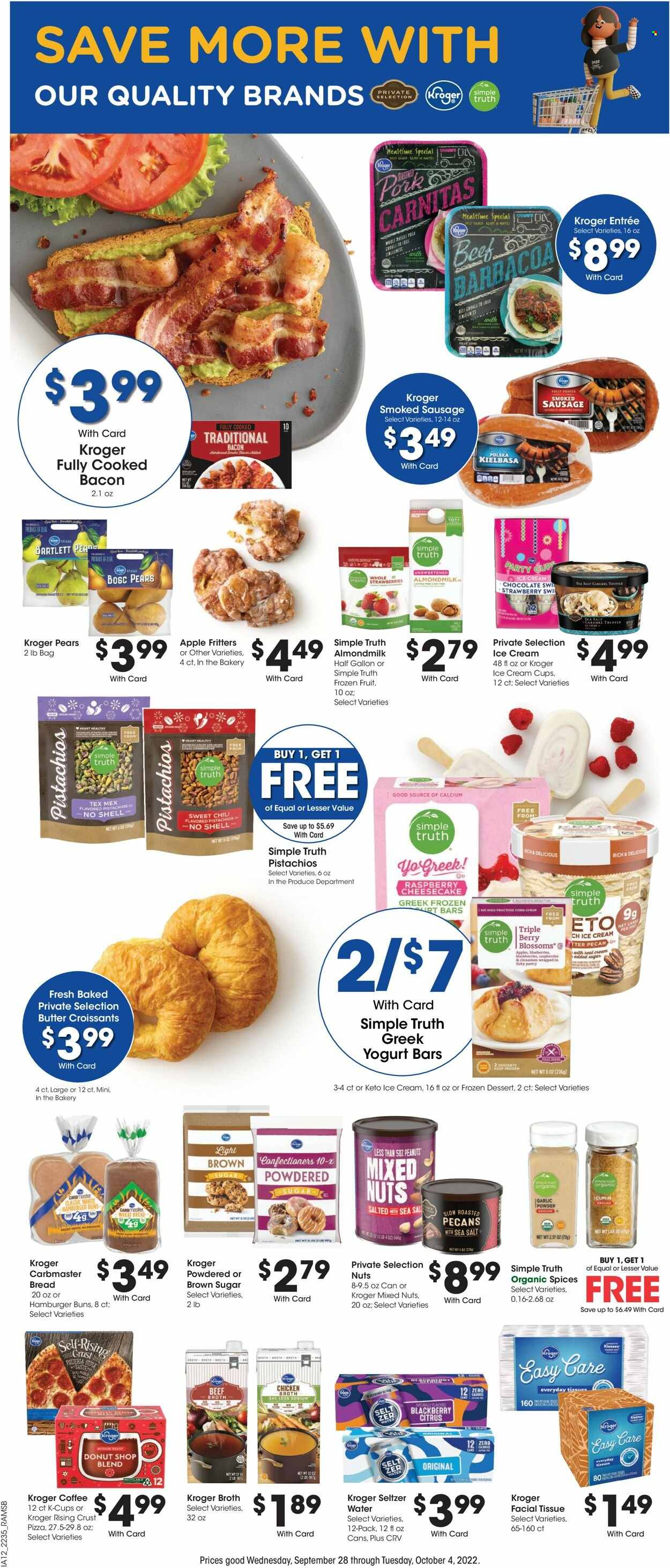 thumbnail - Ralphs Flyer - 09/28/2022 - 10/04/2022 - Sales products - wheat bread, cake, croissant, buns, burger buns, apples, strawberries, pears, pizza, bacon, sausage, smoked sausage, kielbasa, greek yoghurt, almond milk, ice cream, Enlightened lce Cream, truffles, beef broth, chicken broth, broth, garlic powder, cinnamon, peanuts, pecans, pistachios, mixed nuts, seltzer water, coffee, coffee capsules, K-Cups, Kleenex, tissues. Page 8.