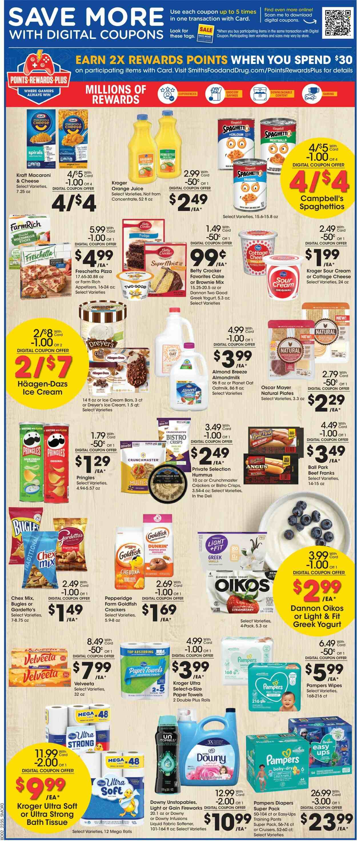 thumbnail - Smith's Flyer - 09/28/2022 - 10/04/2022 - Sales products - cake, brownie mix, Campbell's, macaroni & cheese, spaghetti, pizza, meatballs, pasta, Kraft®, Oscar Mayer, hummus, cottage cheese, greek yoghurt, yoghurt, Oikos, Dannon, almond milk, Almond Breeze, oat milk, sour cream, ice cream, ice cream bars, Häagen-Dazs, fudge, crackers, Pringles, Goldfish, Chex Mix, spice, olive oil, oil, orange juice, juice, Boost, coffee, wipes, Pampers, pants, nappies, baby pants, bath tissue, kitchen towels, paper towels, Gain, Unstopables, fabric softener, Gain Fireworks, Downy Laundry, plate, cup, calcium. Page 3.