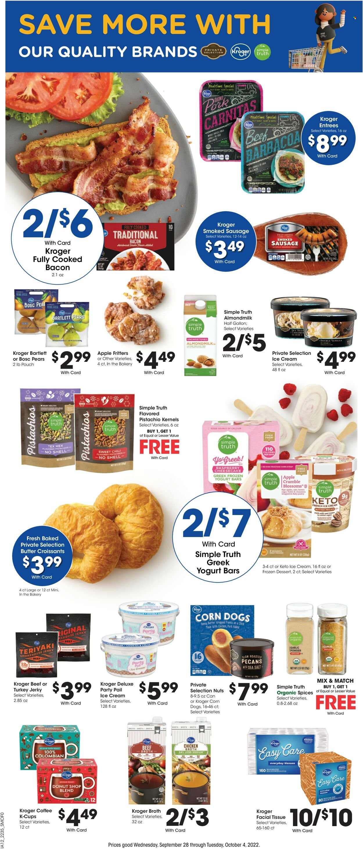 thumbnail - Smith's Flyer - 09/28/2022 - 10/04/2022 - Sales products - croissant, garlic, apples, Bartlett pears, pears, bacon, jerky, sausage, smoked sausage, greek yoghurt, almond milk, ice cream, Enlightened lce Cream, cookies, Parle, beef broth, chicken broth, broth, corn syrup, honey, syrup, pecans, pistachios, coffee, coffee capsules, K-Cups, Kleenex, tissues, fork. Page 8.