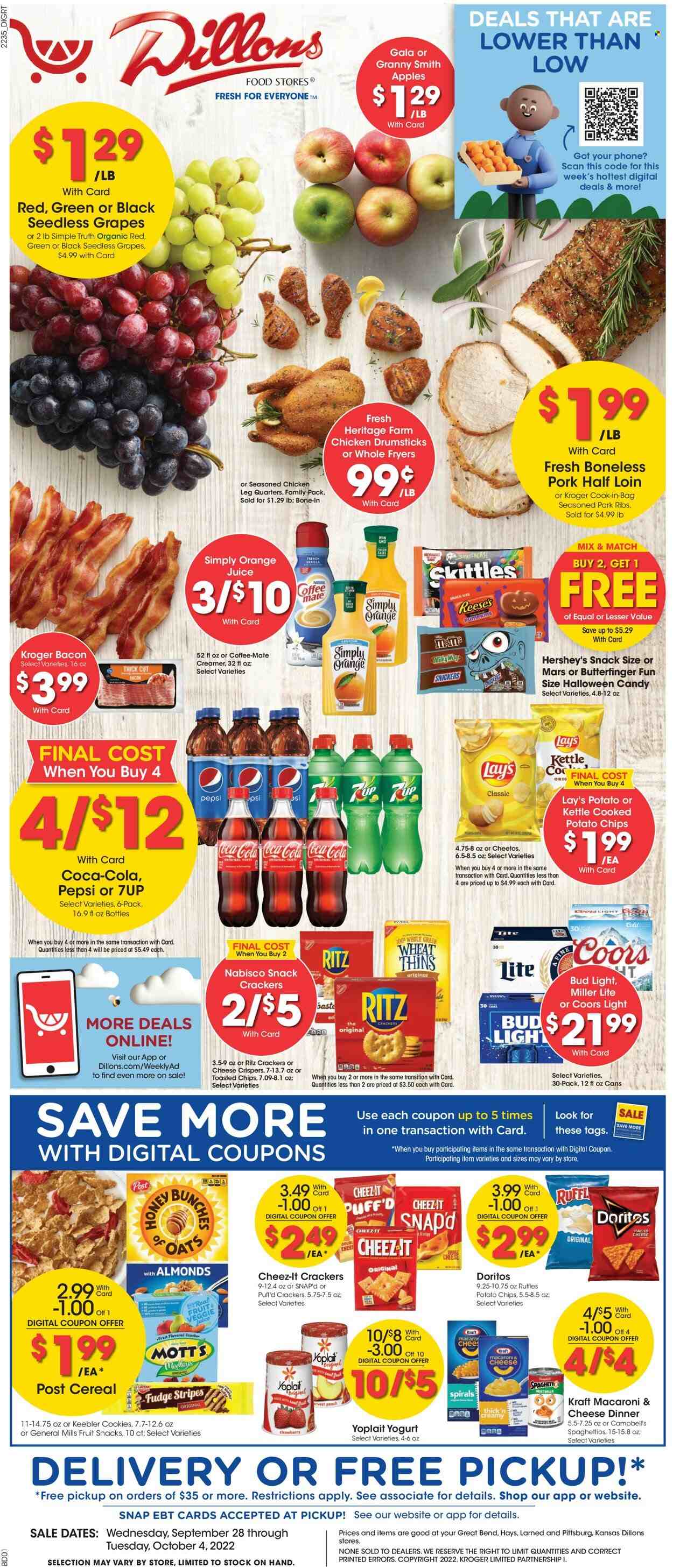 thumbnail - Dillons Flyer - 09/28/2022 - 10/04/2022 - Sales products - pumpkin, apples, Gala, grapes, seedless grapes, Granny Smith, Mott's, Campbell's, macaroni & cheese, spaghetti, Kraft®, bacon, yoghurt, Yoplait, Coffee-Mate, creamer, Reese's, Hershey's, cookies, fudge, Milky Way, Snickers, Mars, crackers, Skittles, fruit snack, Keebler, RITZ, Doritos, potato chips, Cheetos, chips, Lay’s, Thins, Cheez-It, Ruffles, cereals, honey, Coca-Cola, Pepsi, orange juice, juice, 7UP, beer, Bud Light, chicken legs, chicken drumsticks, pork meat, pork ribs, Halloween, bunches, calcium, Miller Lite, Coors. Page 1.