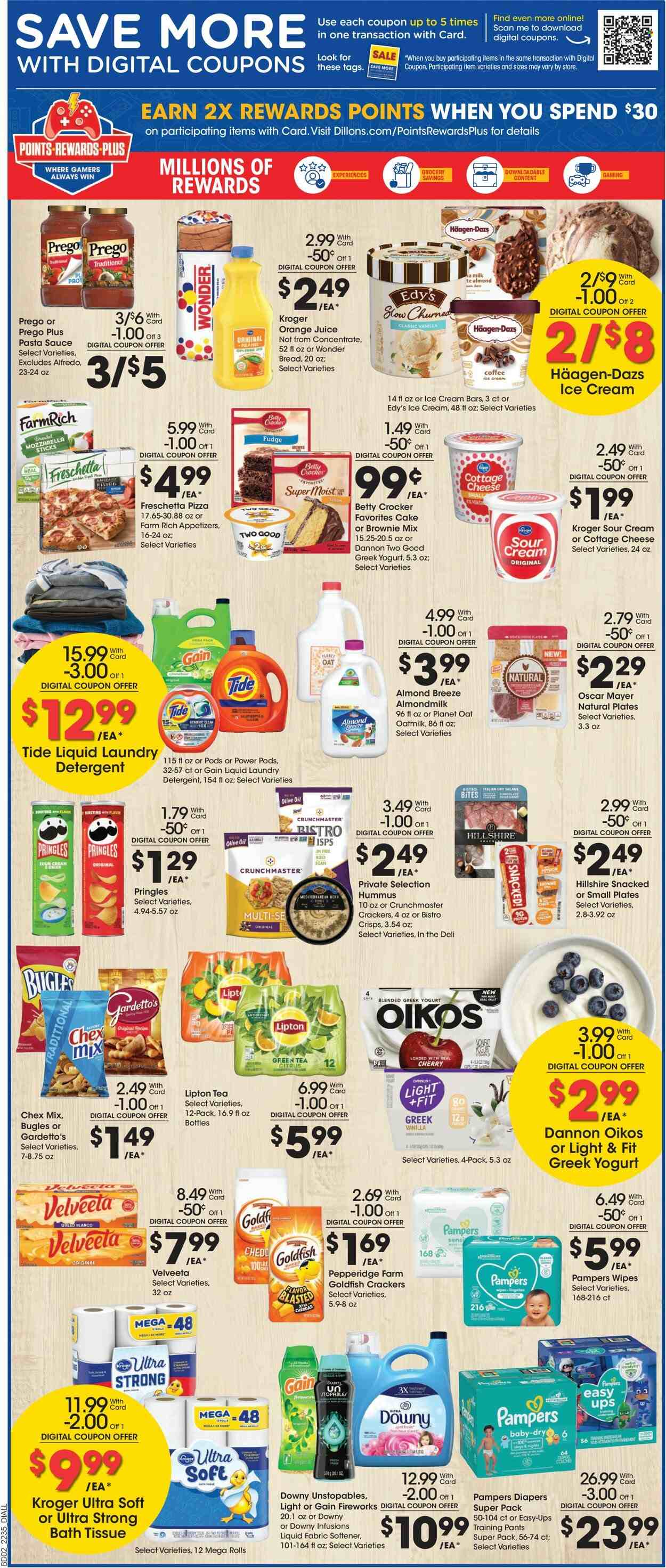 thumbnail - Dillons Flyer - 09/28/2022 - 10/04/2022 - Sales products - cake, brownie mix, cherries, pizza, pasta sauce, sauce, Oscar Mayer, hummus, cottage cheese, greek yoghurt, yoghurt, Oikos, Dannon, almond milk, milk, Almond Breeze, oat milk, sour cream, ice cream, ice cream bars, Häagen-Dazs, fudge, crackers, Pringles, Goldfish, Chex Mix, olive oil, oil, orange juice, juice, Lipton, green tea, tea, coffee, wipes, Pampers, pants, nappies, baby pants, bath tissue, detergent, Gain, Tide, Unstopables, fabric softener, laundry detergent, Gain Fireworks, Downy Laundry, plate, cup. Page 3.