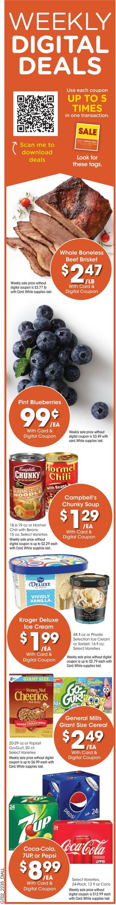 thumbnail - Dillons Flyer - 09/28/2022 - 10/04/2022 - Sales products - blueberries, Campbell's, soup, noodles, Hormel, Yoplait, ice cream, cereals, Cheerios, honey, Coca-Cola, Pepsi, 7UP, beef meat, beef brisket. Page 13.