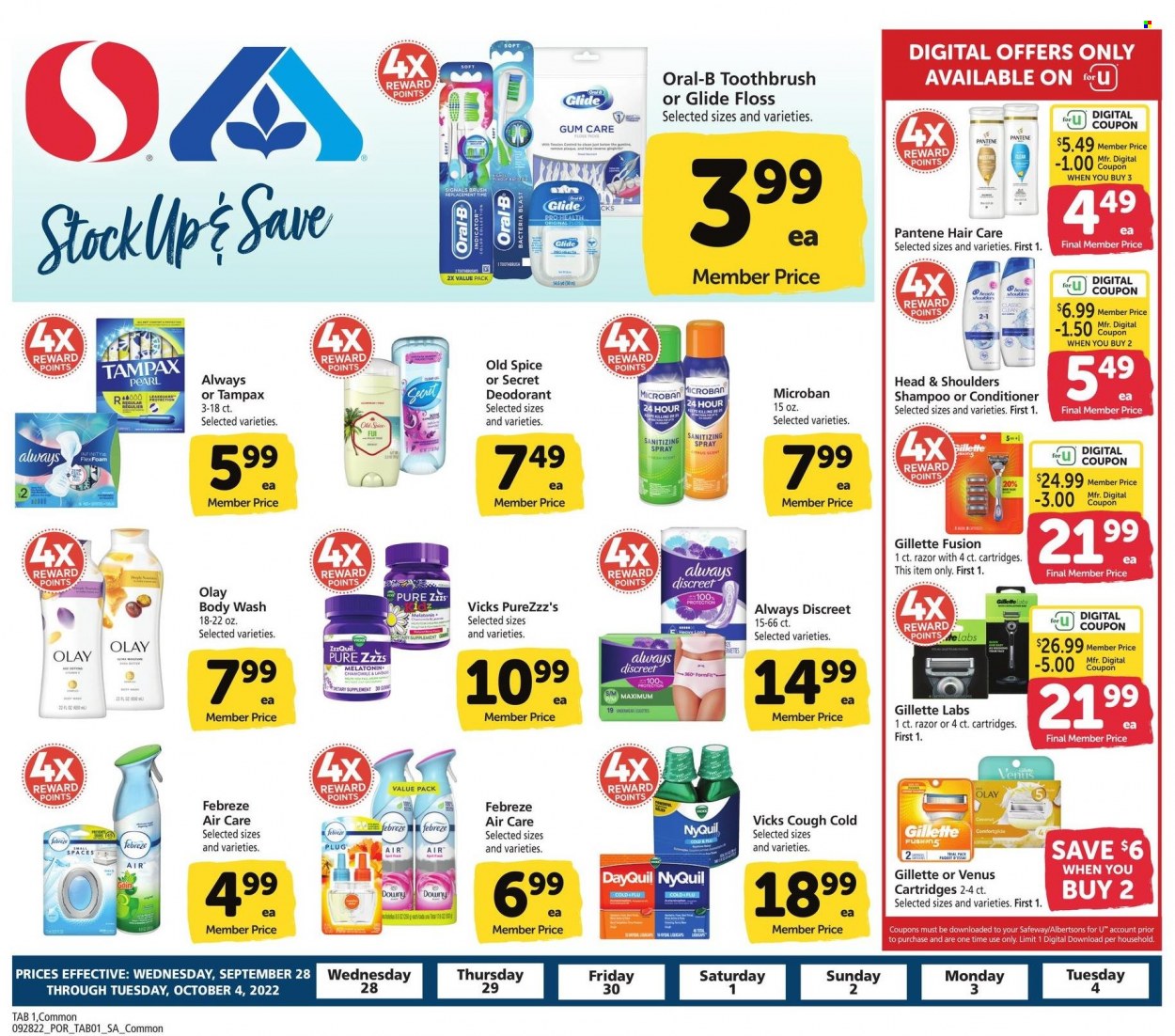 thumbnail - Safeway Flyer - 09/28/2022 - 10/04/2022 - Sales products - butter, spice, Febreze, body wash, shampoo, Old Spice, toothbrush, Oral-B, Tampax, Always Discreet, Olay, Infinity, conditioner, Head & Shoulders, Pantene, Gillette, Venus, DayQuil, Cold & Flu, Melatonin, ZzzQuil, NyQuil, Vicks. Page 6.