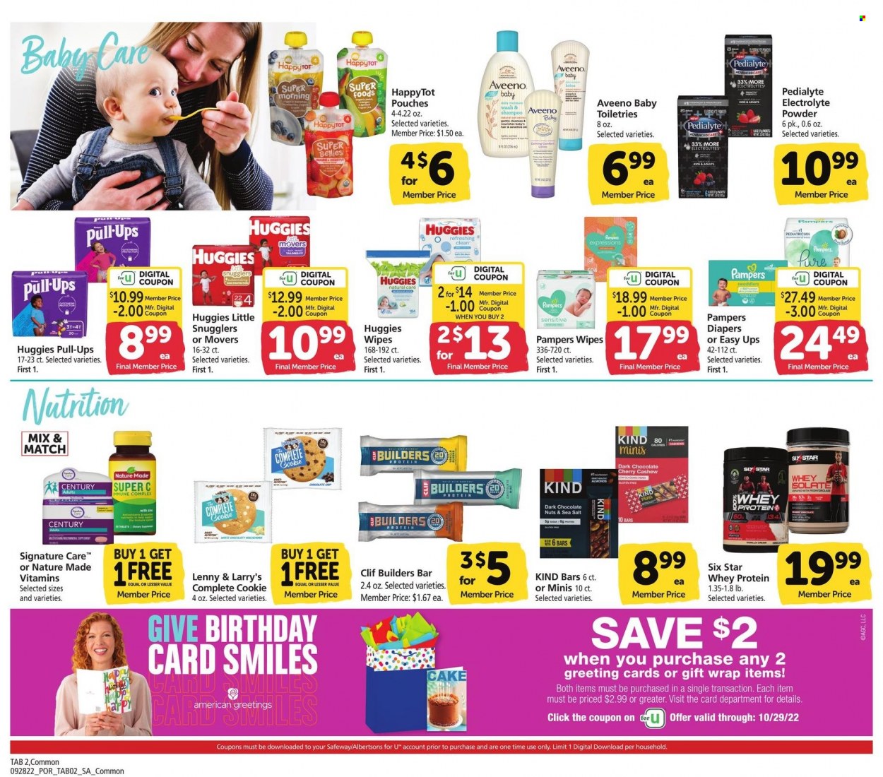 thumbnail - Safeway Flyer - 09/28/2022 - 10/04/2022 - Sales products - cake, cherries, chocolate chips, dark chocolate, almonds, cashews, wipes, shampoo, Aveeno, gift wrap, Nature Made, whey protein, Huggies. Page 7.