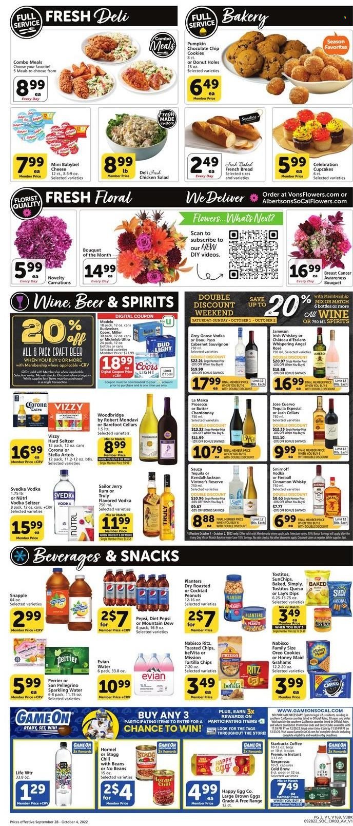 thumbnail - Vons Flyer - 09/28/2022 - 10/04/2022 - Sales products - bread, french bread, cupcake, donut holes, pumpkin, salad, Hormel, chicken salad, cheese, Babybel, Oreo, eggs, butter, cookies, snack, Celebration, RITZ, tortilla chips, chips, Lay’s, Tostitos, belVita, Honey Maid, peanuts, Planters, Mountain Dew, Pepsi, Diet Pepsi, Snapple, Perrier, sparkling water, Evian, San Pellegrino, coffee, Starbucks, Nespresso, coffee capsules, K-Cups, Cabernet Sauvignon, red wine, prosecco, Woodbridge by Robert Mondavi, Woodbridge, rosé wine, rum, Smirnoff, tequila, vodka, whiskey, irish whiskey, Jameson, Hard Seltzer, TRULY, cinnamon whisky, whisky, beer, Bud Light, Corona Extra, Miller, Modelo, bouquet, Budweiser, Stella Artois, Coors, Michelob. Page 3.