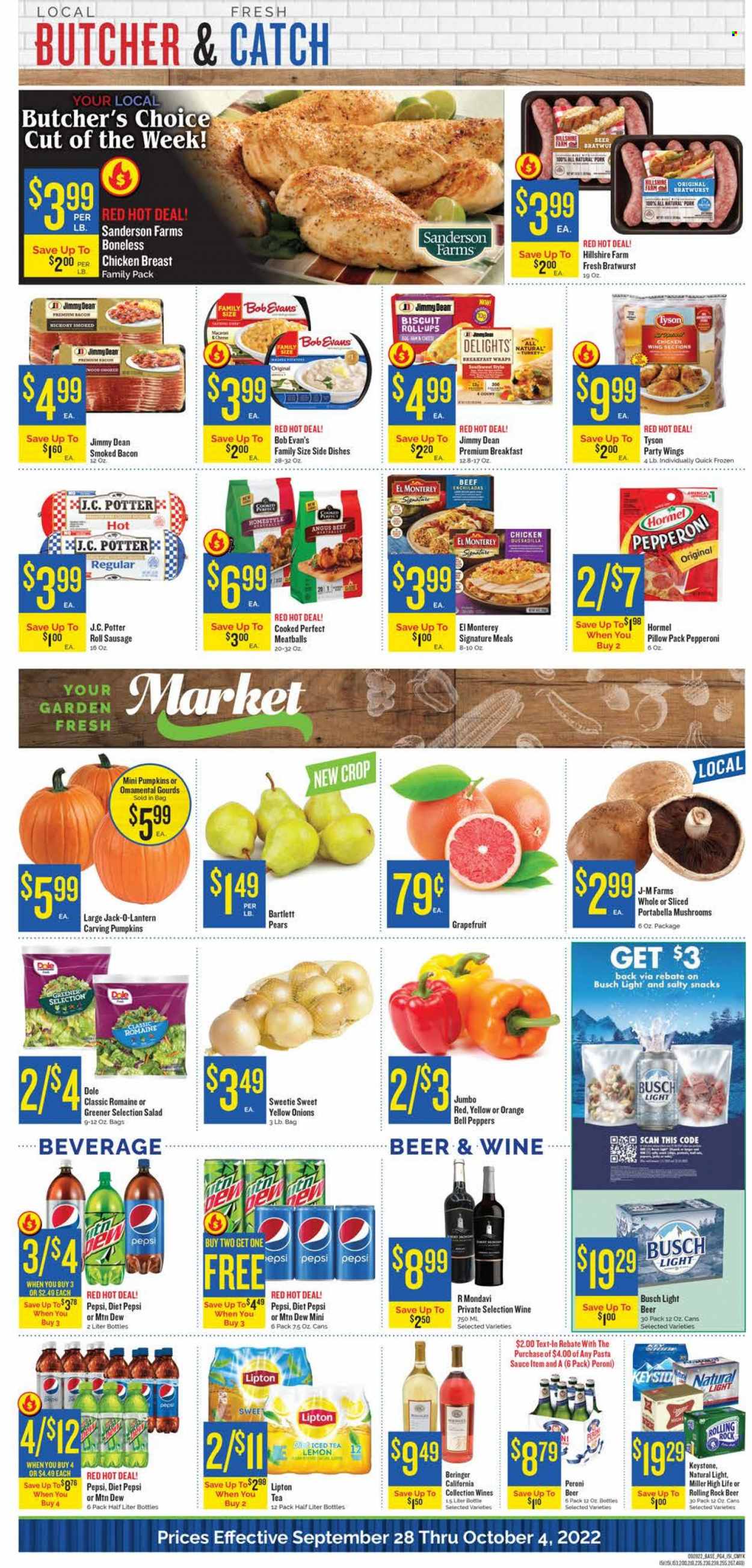 thumbnail - Homeland Flyer - 09/28/2022 - 10/04/2022 - Sales products - mushrooms, bell peppers, pumpkin, onion, salad, Dole, peppers, Bartlett pears, grapefruits, pears, oranges, enchiladas, pasta sauce, meatballs, sauce, Bob Evans, Jimmy Dean, Hormel, bacon, Hillshire Farm, bratwurst, sausage, pepperoni, snack, biscuit, Mountain Dew, Pepsi, Lipton, Diet Pepsi, tea, beer, Busch, Peroni, Miller, Keystone, chicken breasts, beef meat. Page 4.