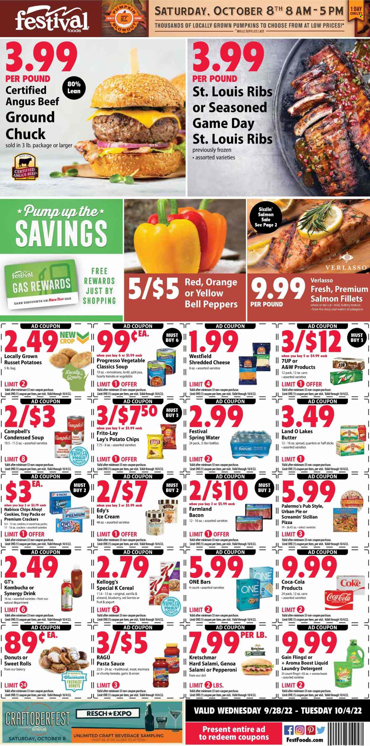 thumbnail - Festival Foods Flyer - 09/28/2022 - 10/04/2022 - Sales products - donut, sweet rolls, bell peppers, russet potatoes, pumpkin, peppers, oranges, salmon, salmon fillet, Campbell's, pizza, pasta sauce, condensed soup, soup, sauce, Urban Pie, instant soup, Progresso, ragú pasta, bacon, salami, pepperoni, shredded cheese, Oreo, yoghurt, butter, ice cream, Screamin' Sicilian, cookies, crackers, Kellogg's, Chips Ahoy!, potato chips, Lay’s, Frito-Lay, cereals, ragu, Coca-Cola, 7UP, A&W, spring water, kombucha, Boost, beef meat, ground chuck, detergent, Gain, laundry detergent. Page 1.