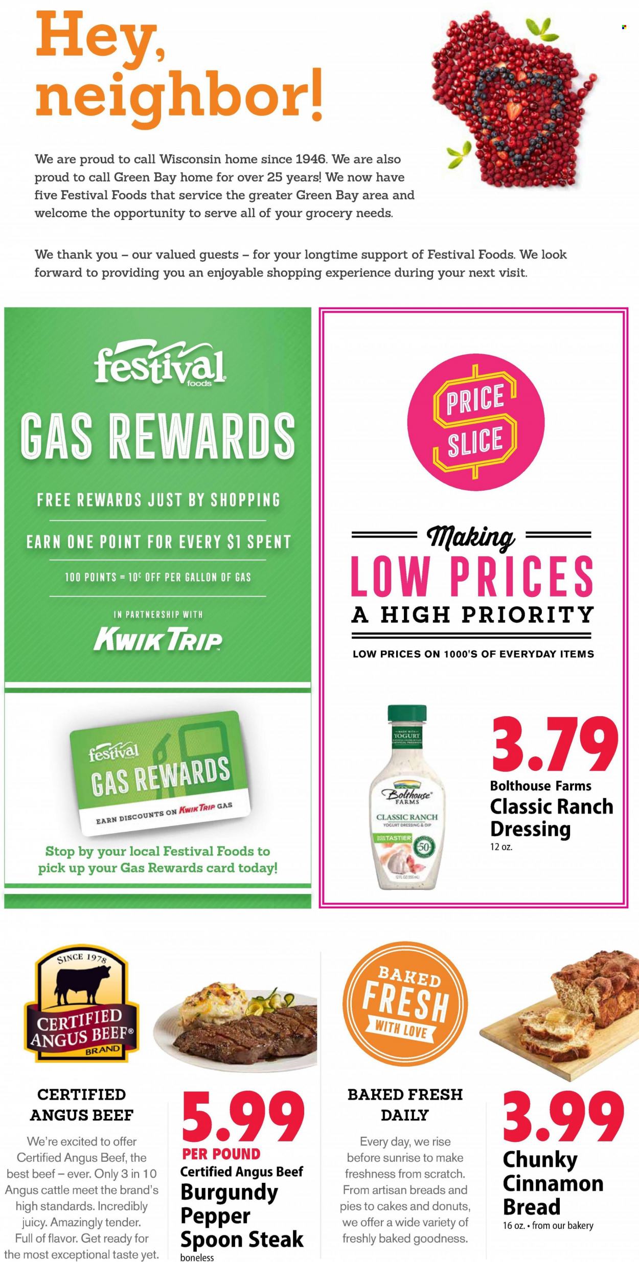 thumbnail - Festival Foods Flyer - 09/28/2022 - 10/04/2022 - Sales products - bread, cake, donut, yoghurt, ranch dressing, cinnamon, dressing, beef meat, steak, BRAND'S. Page 4.